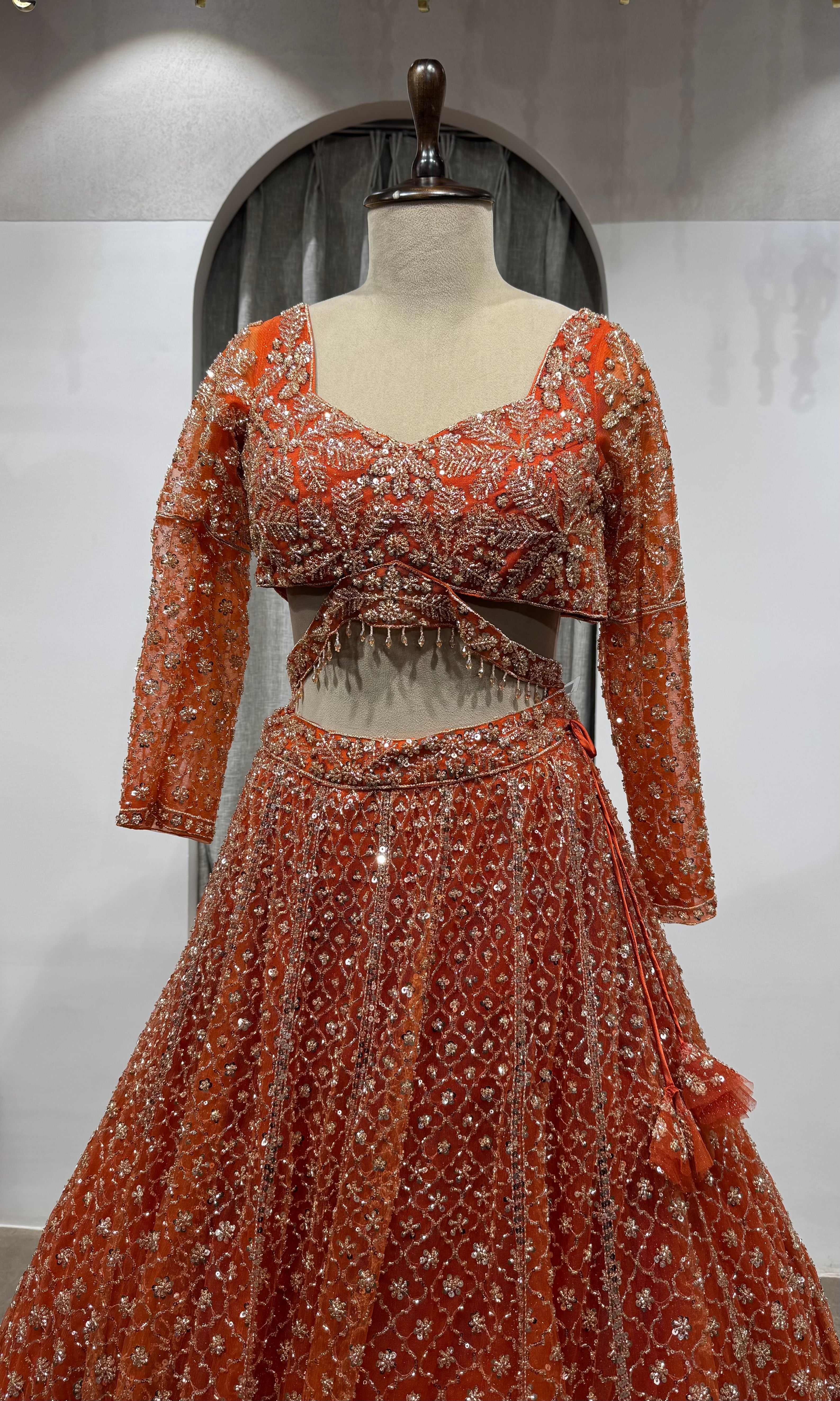Orange Sequin Embroidered Bridal Lehenga Set