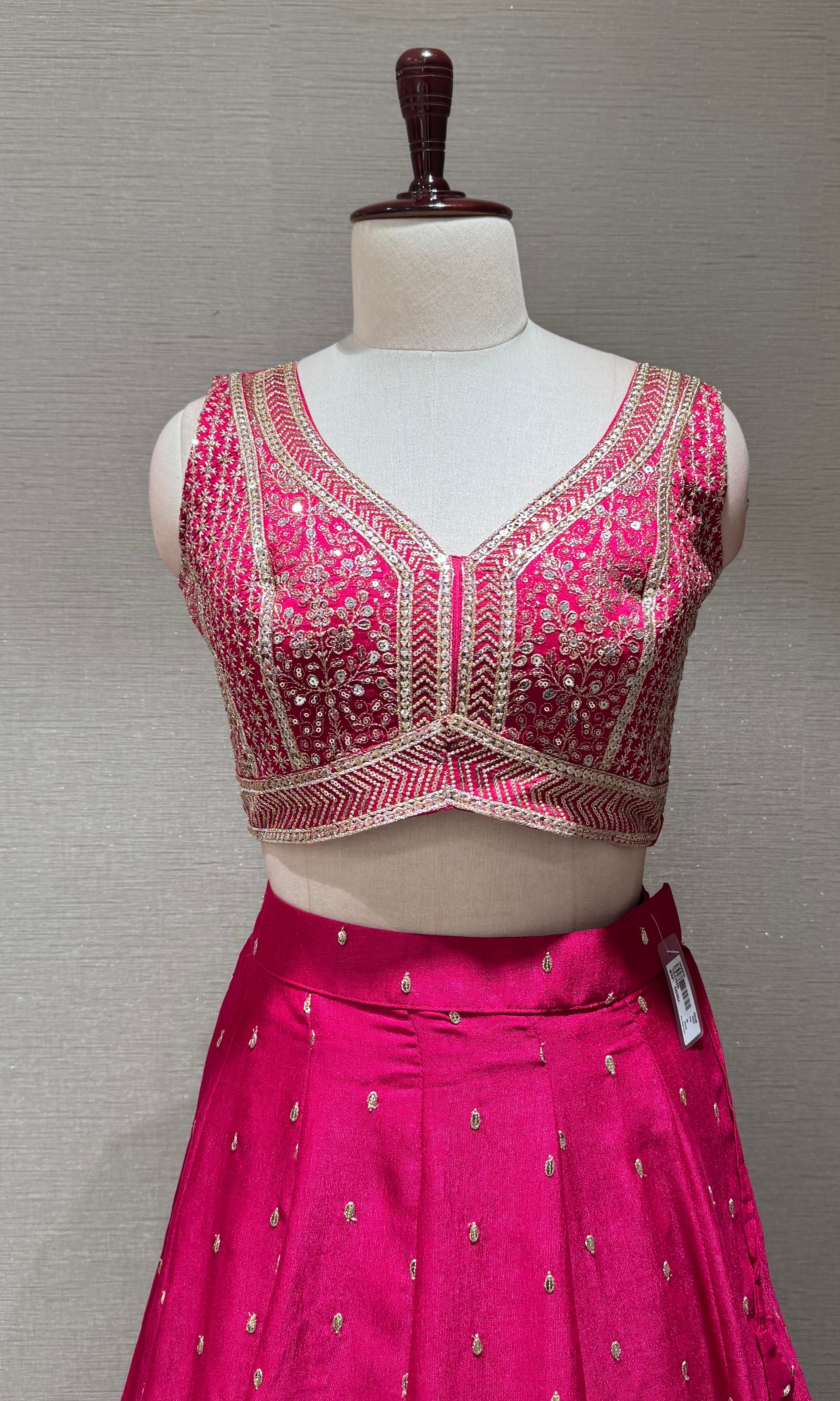 Bright Pink Silk Lehenga set with Gold Border