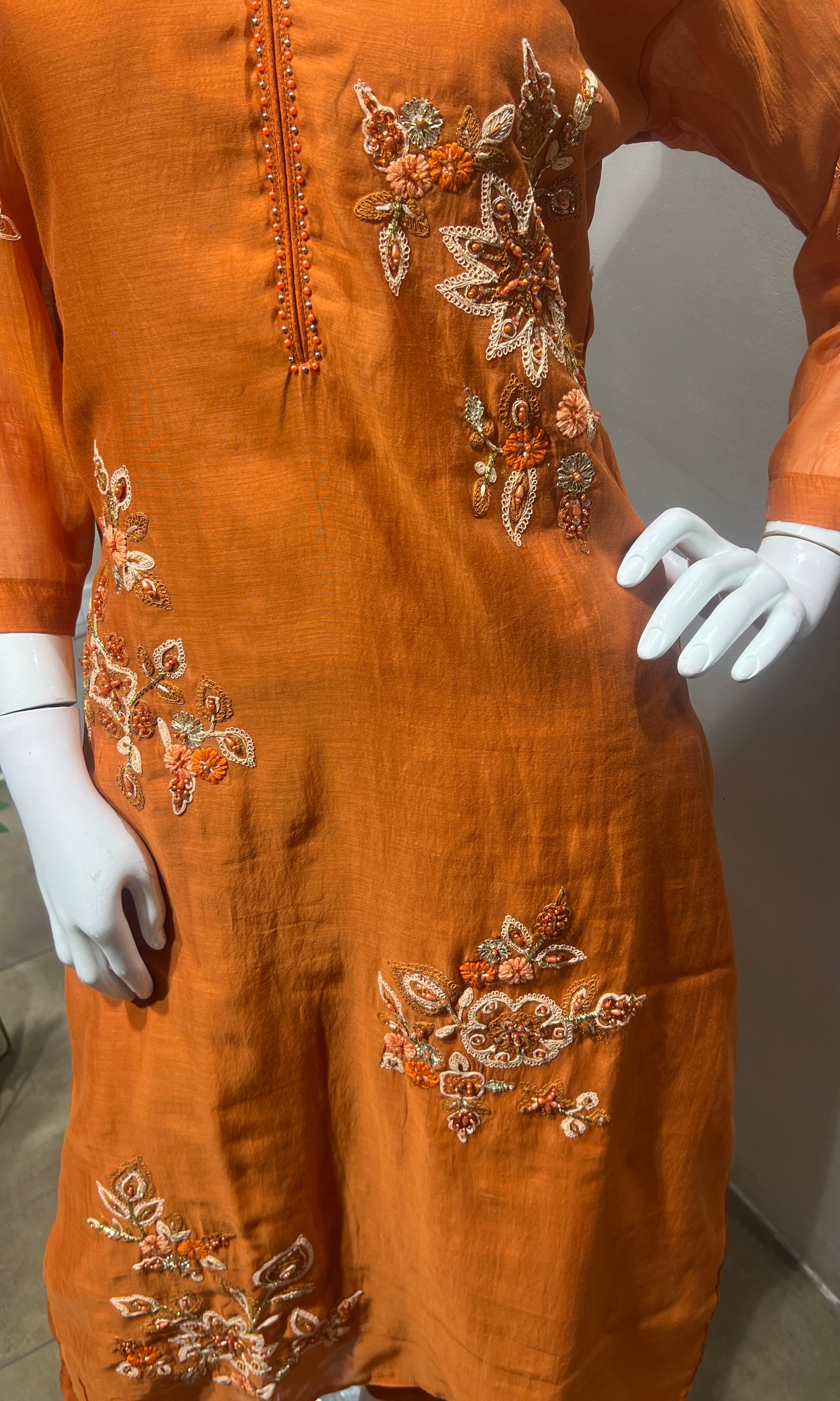 Rust Floral Mul Chanderi Embroidery Suit with Dupatta