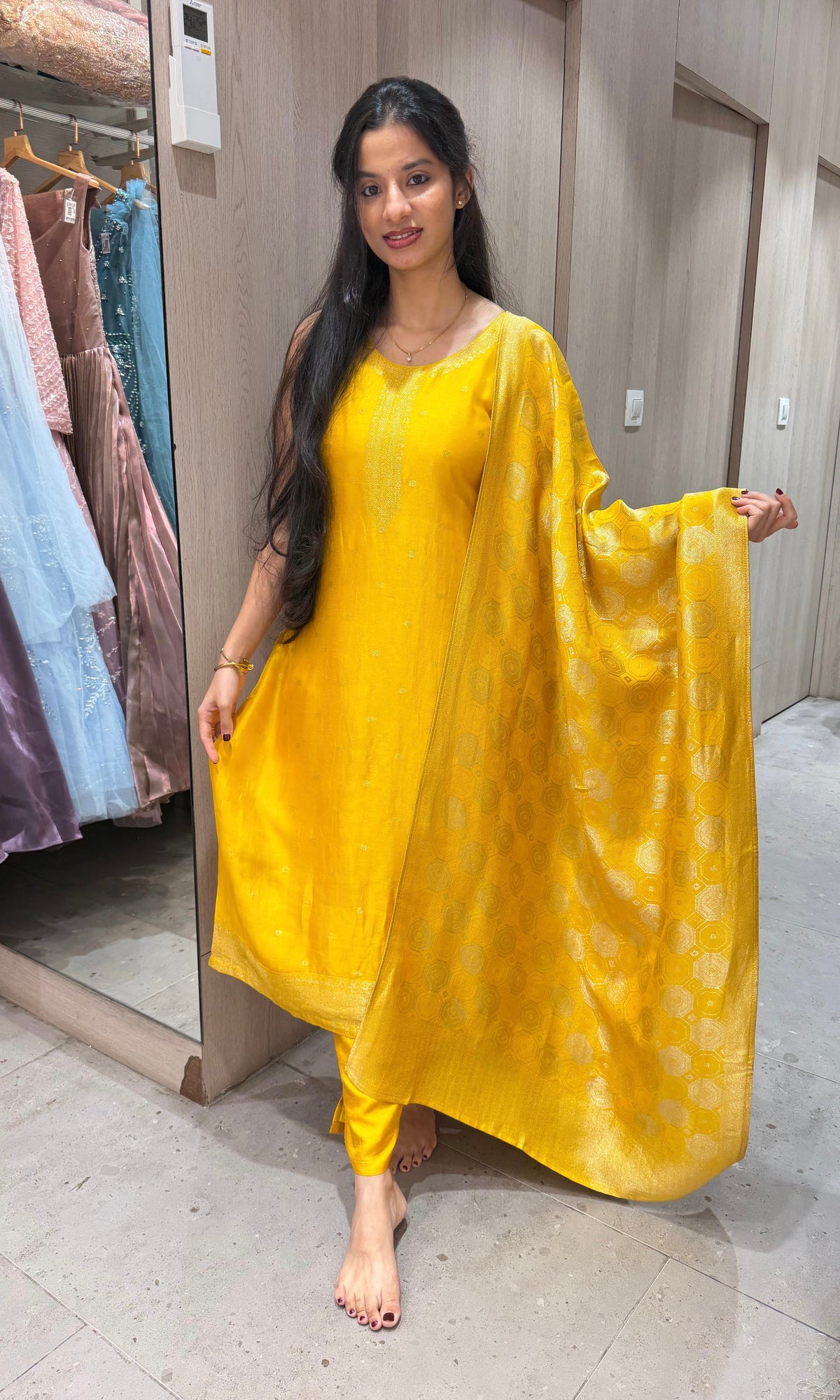 Yellow Banarasi silk Kurta Set with Patterned Dupatta