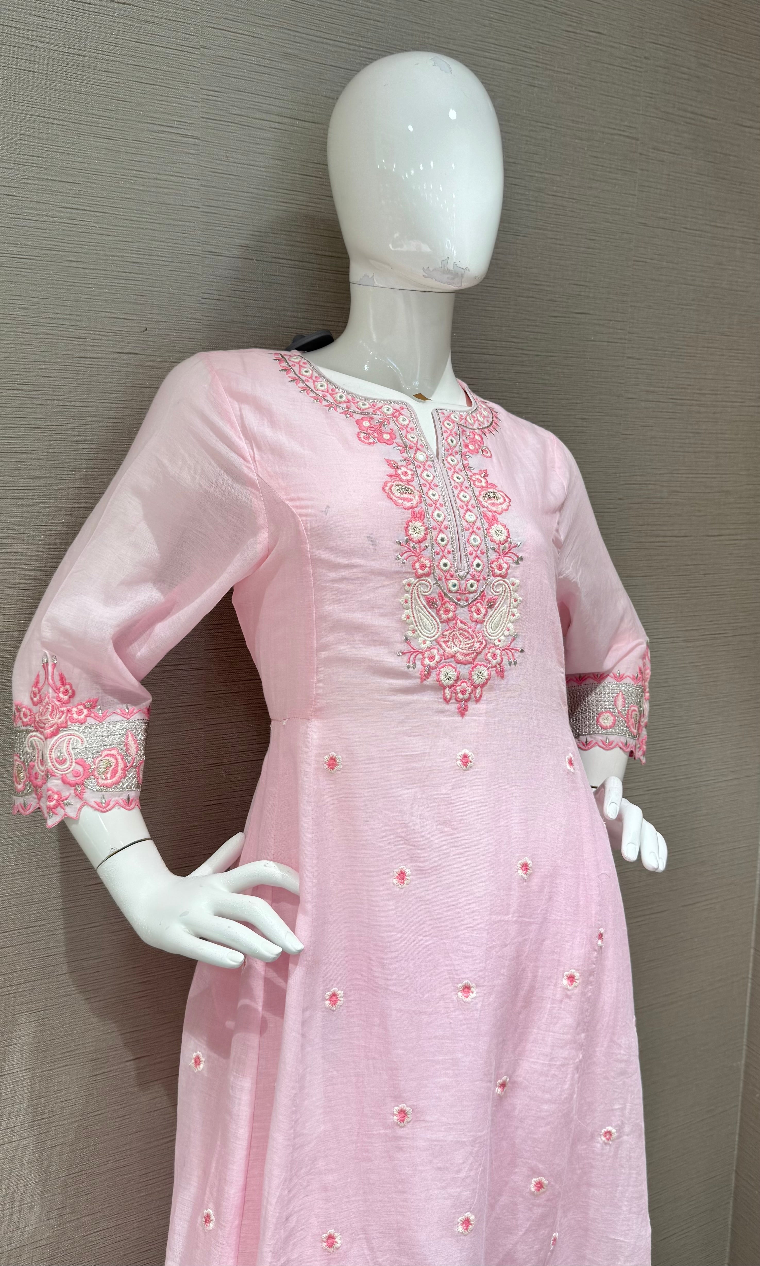 Pink Straight Cut Salwar Suit with Floral Embroidery
