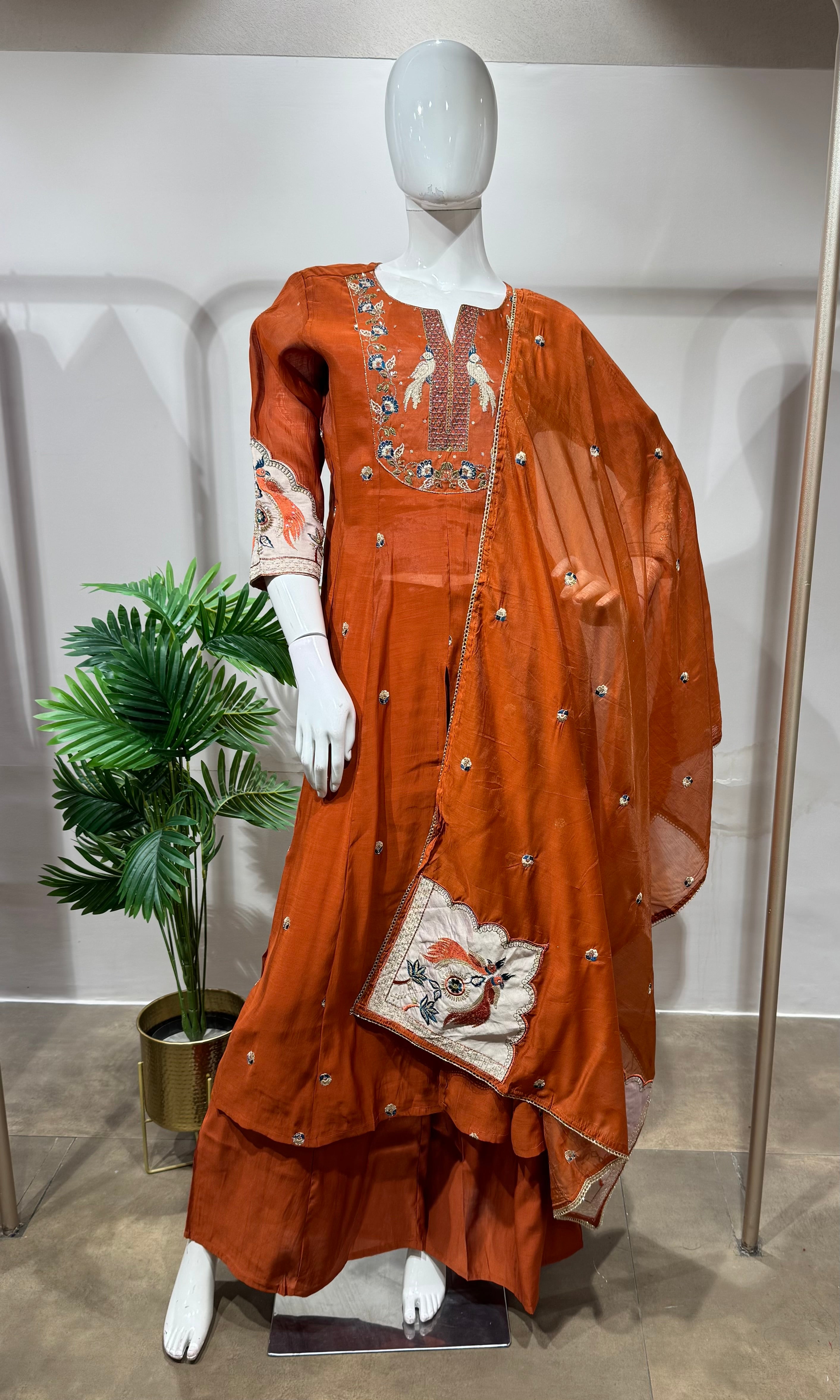 Rust embroidered Anarkali with palazzo pants