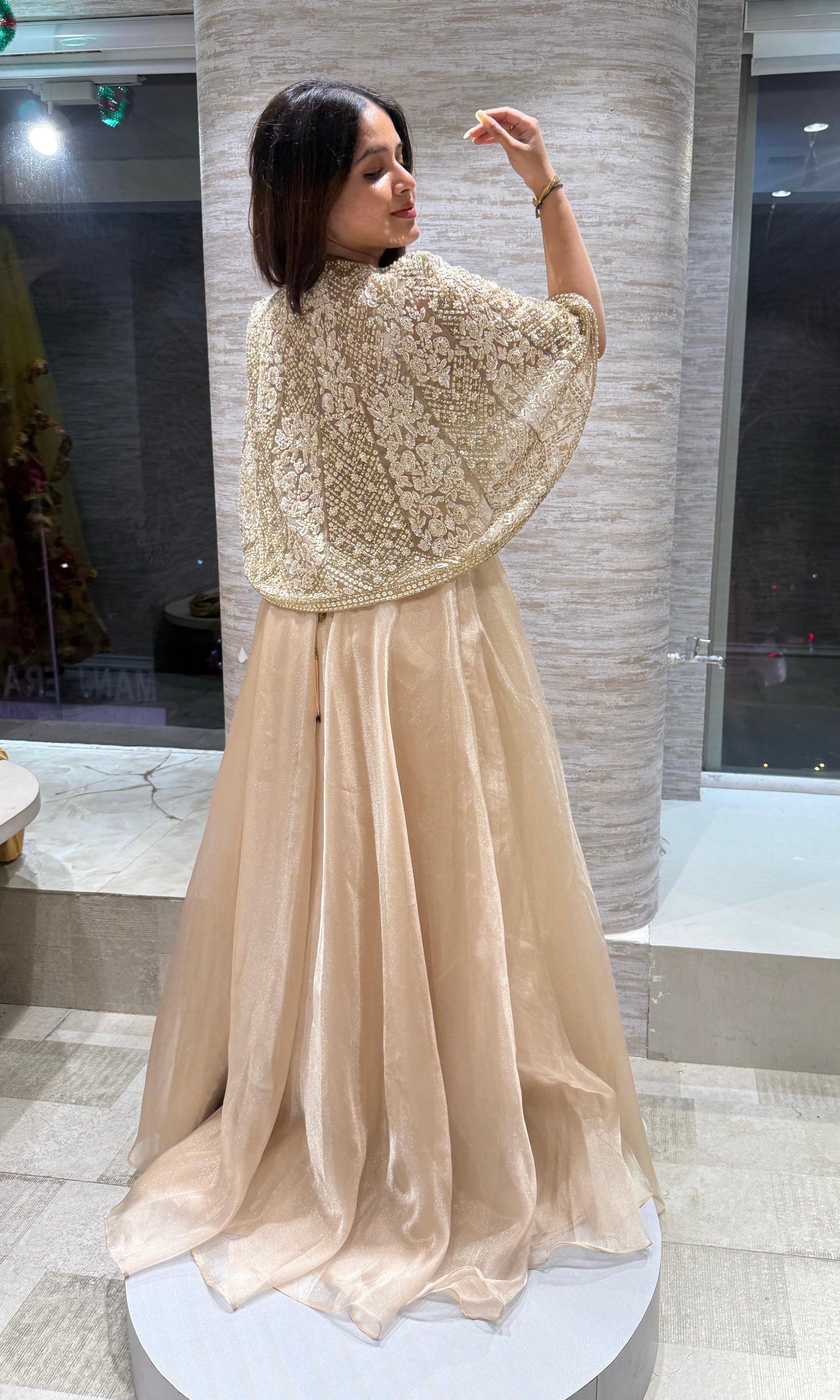 GOLD TISSUE LEHENGA WITH CAPE