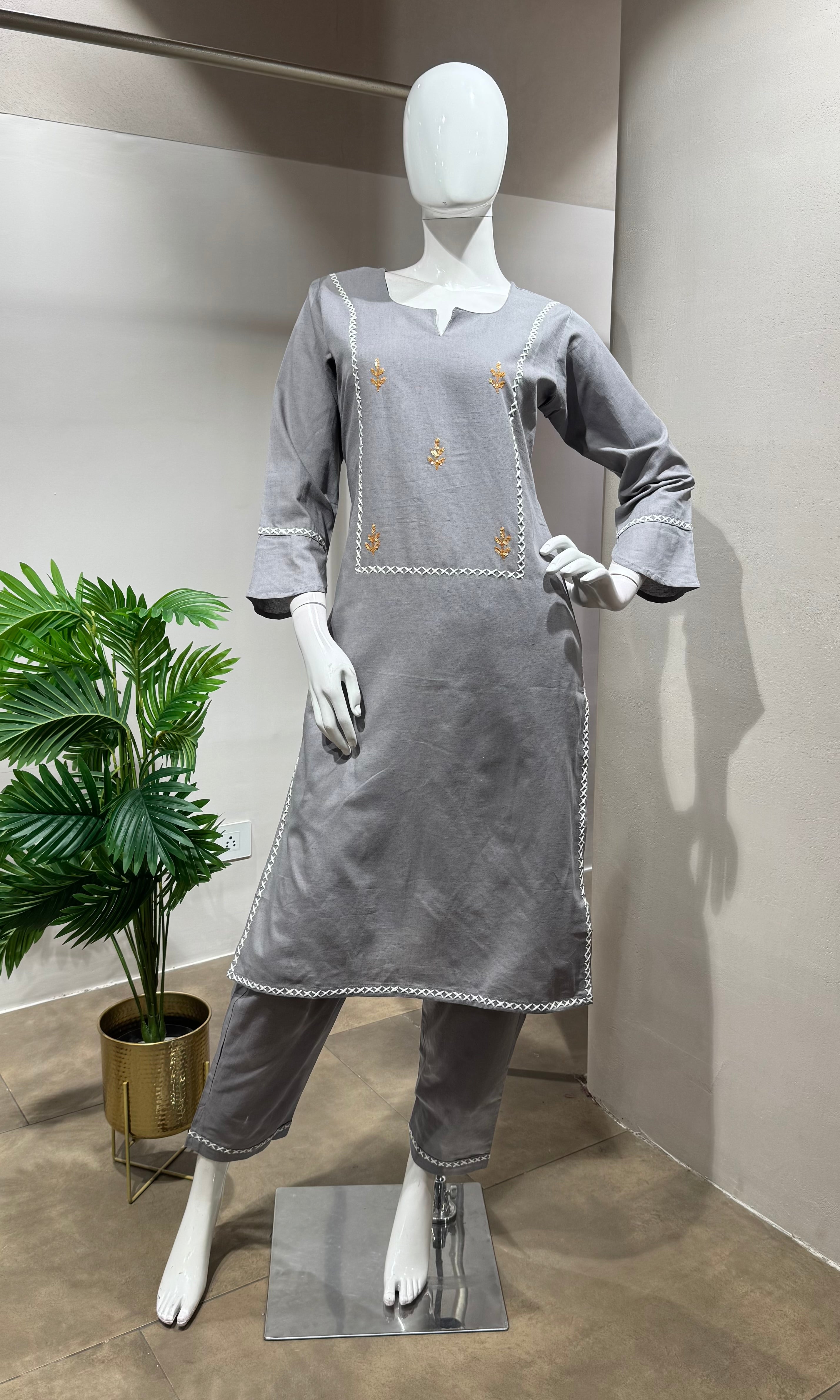 grey embroidered KURTI WITH BOTTOM