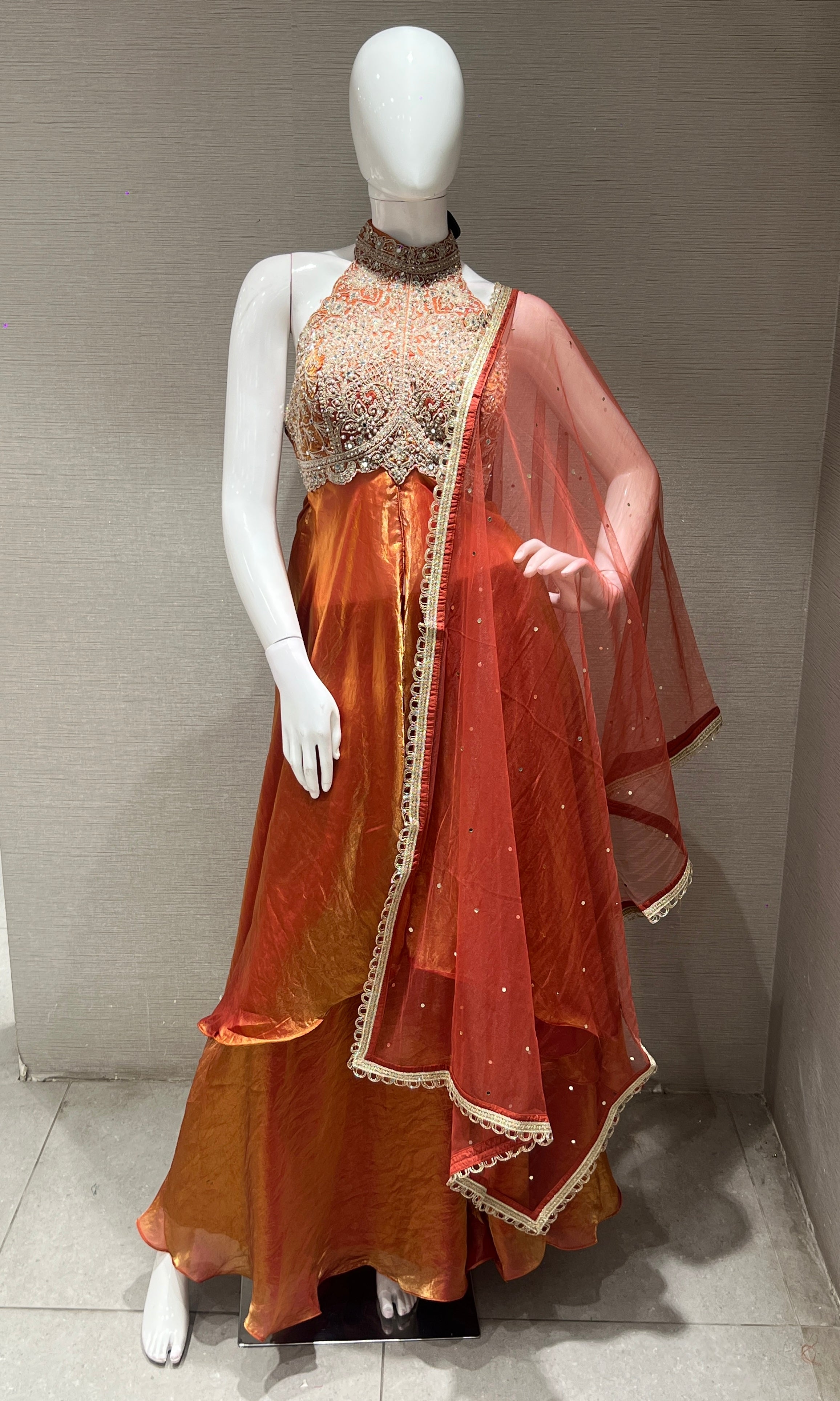 Rust ORANGE HALTER NECK A LINE CUT PALAZZO SET