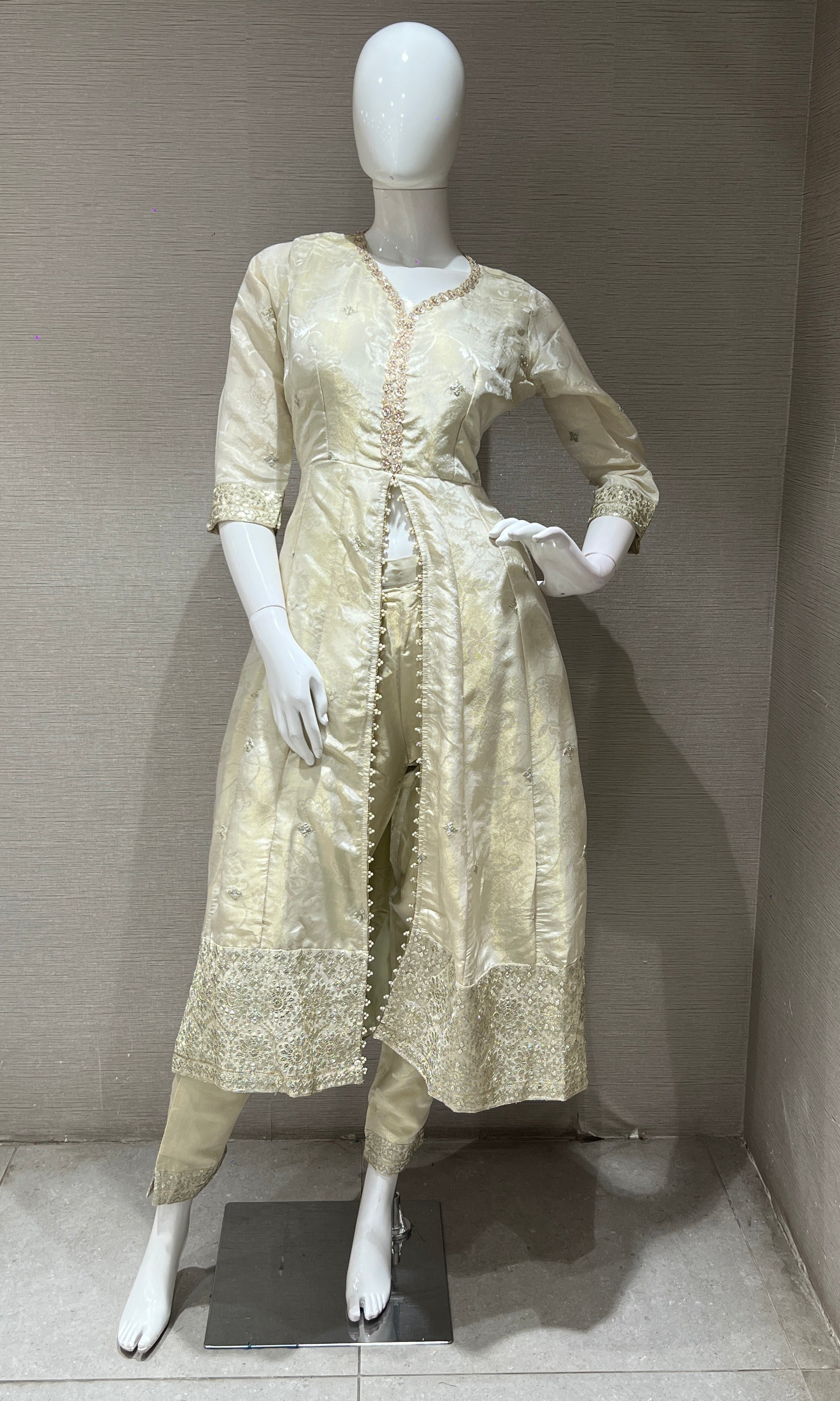 Cream Embroidered Front Slit Anarkali