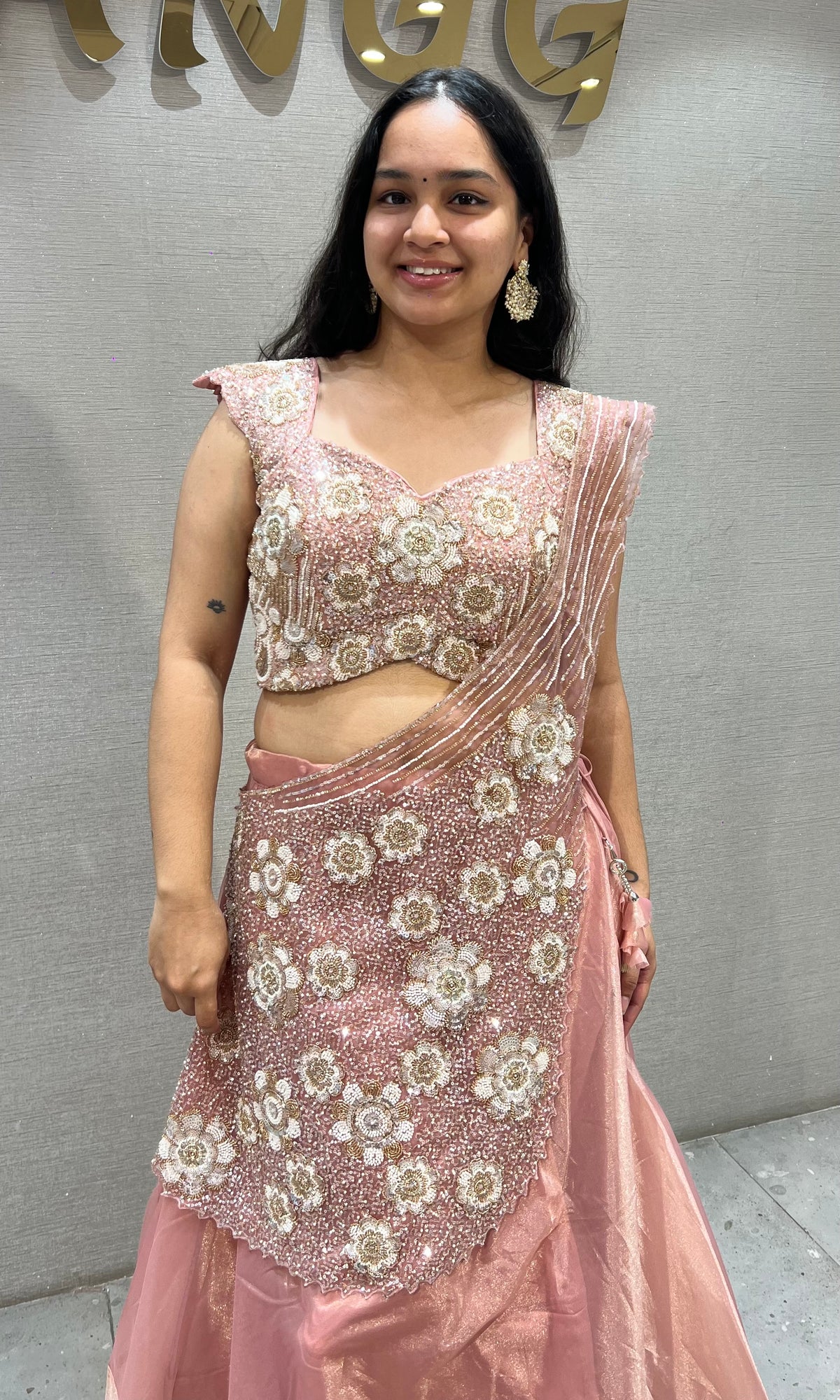 Peach Soft tissue Sequinned Mermaid Lehenga set