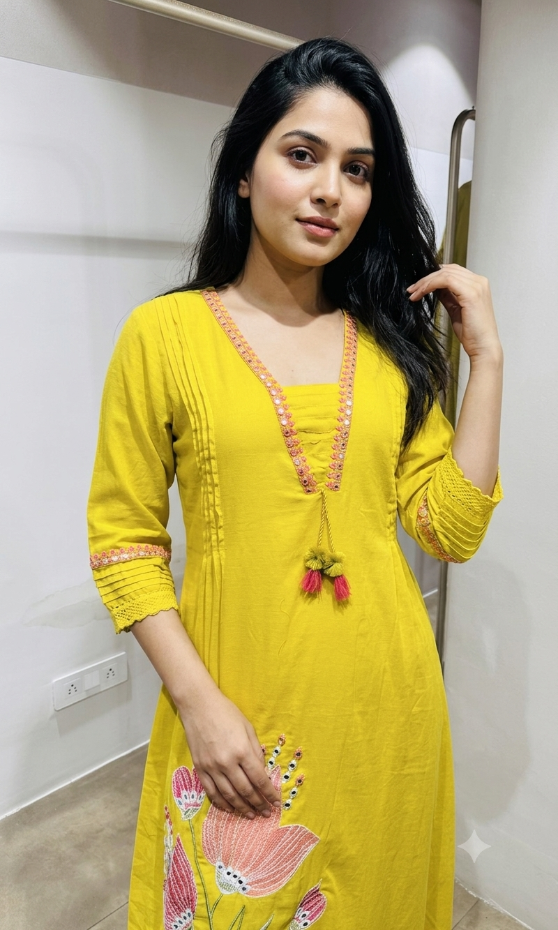 Yellow Floral Embroidered Kurta Set
