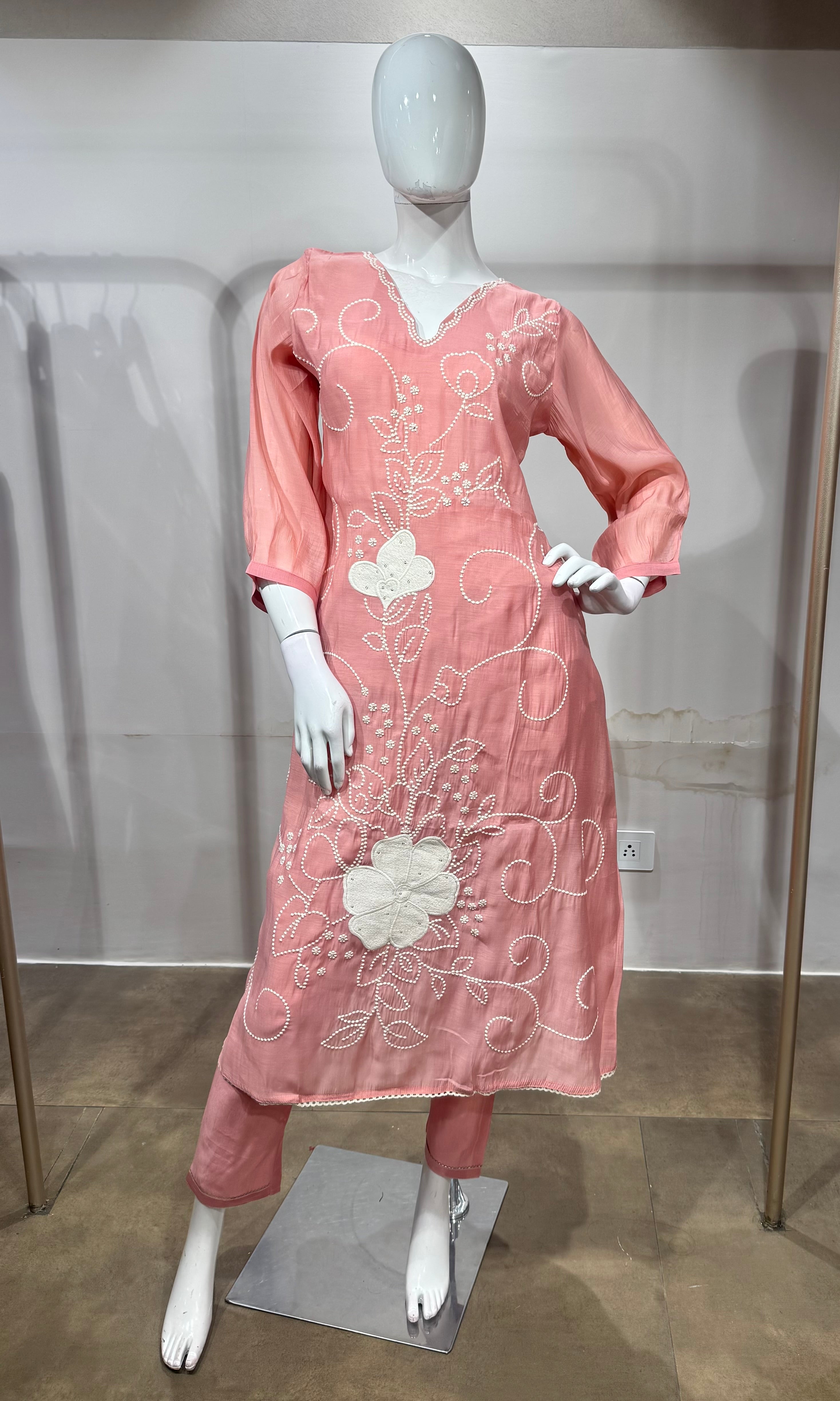 Baby Pink Cotton silk Floral Kurta set with dupatta
