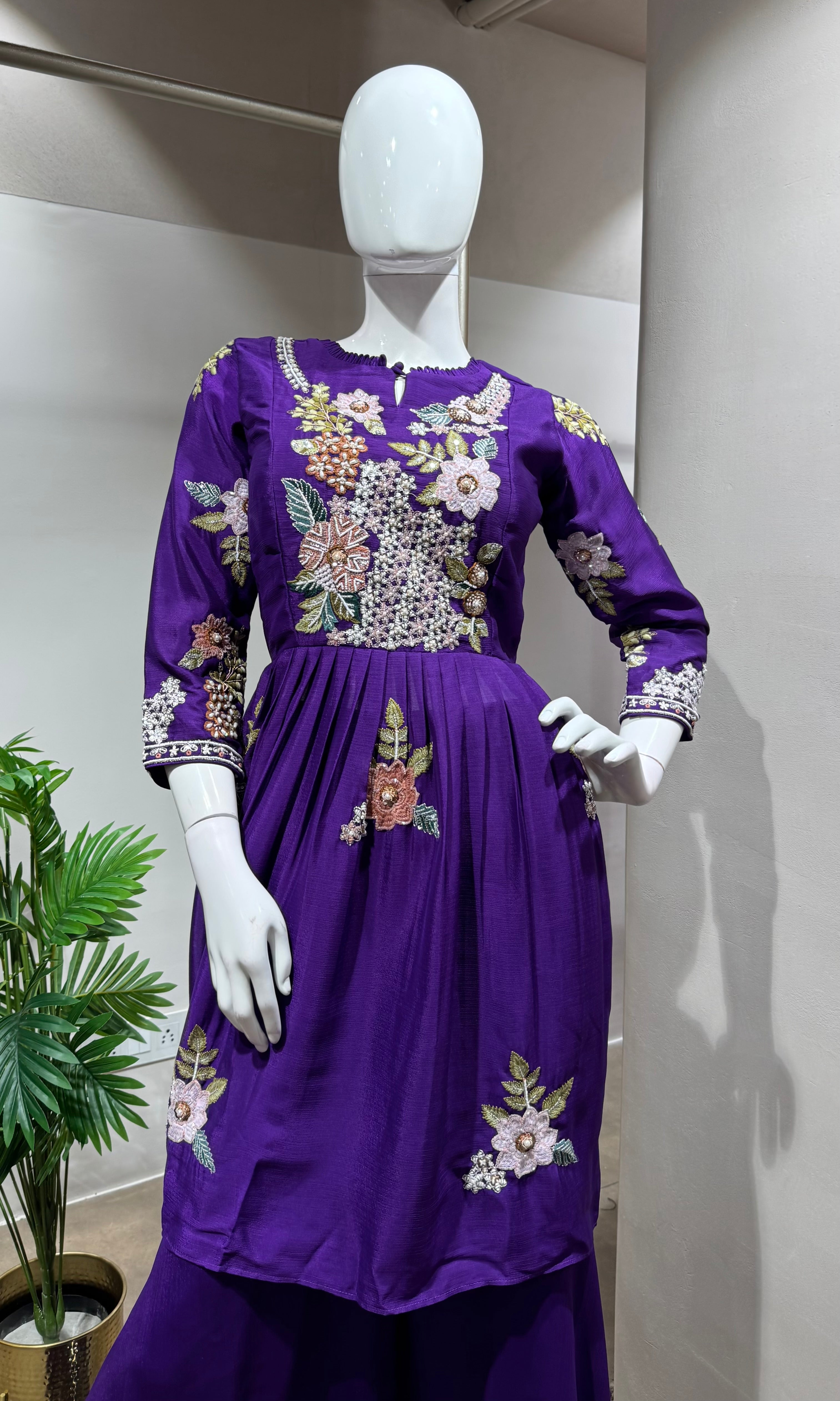 PURPLE peplum embroidered palazzo set