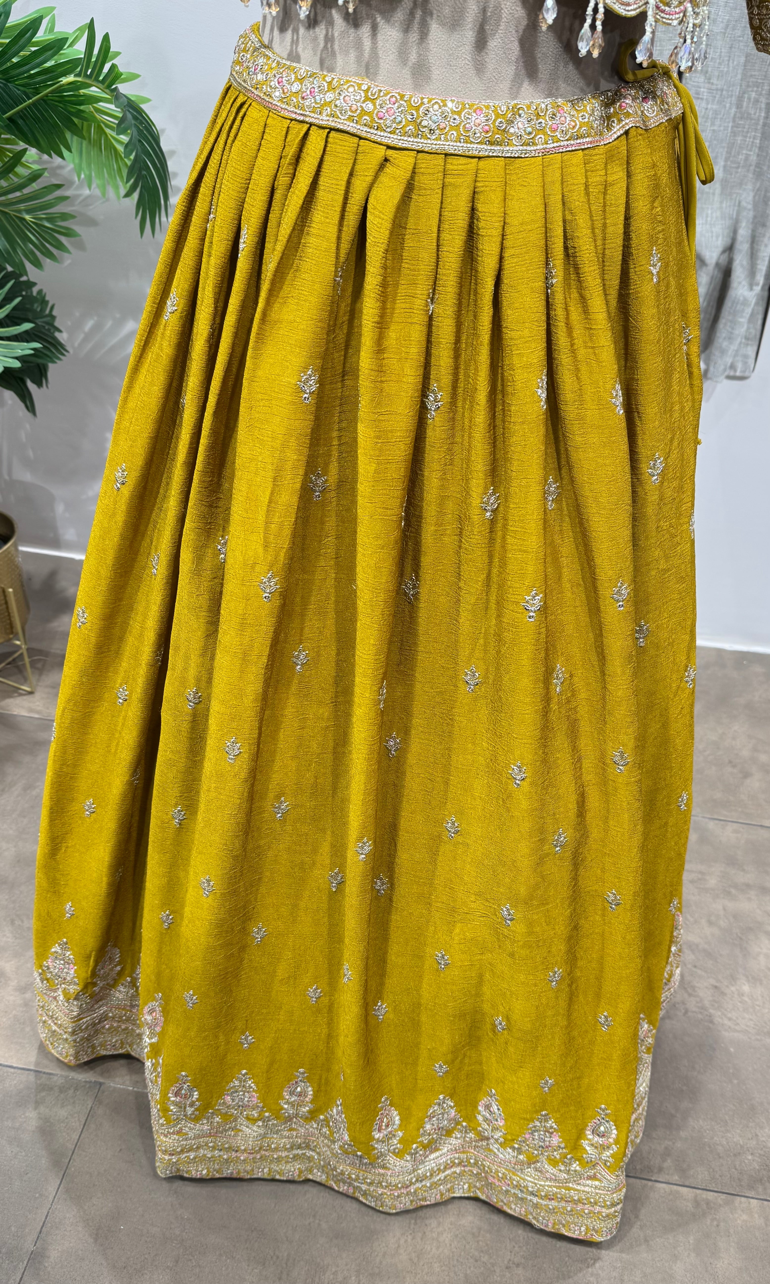 Mustard Flared Lehenga Choli with Border Embroidery