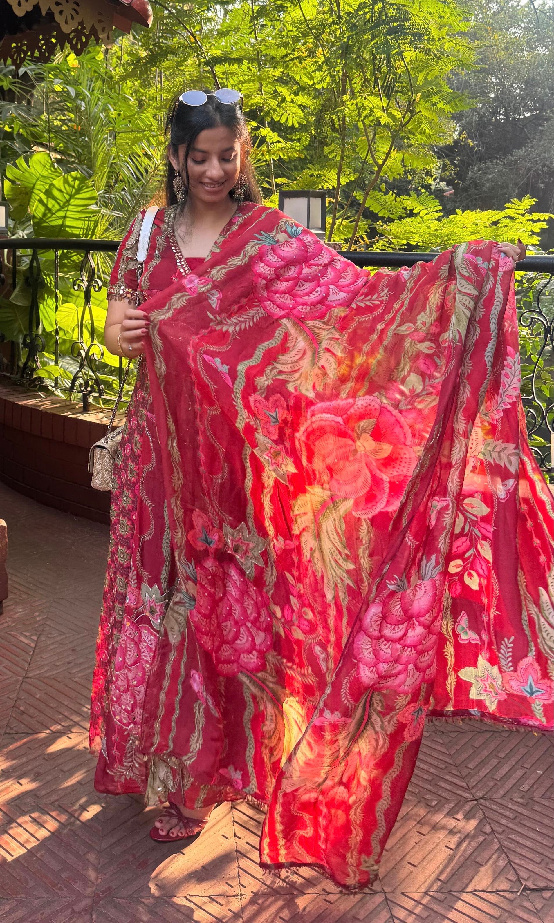 Red front slit Anarkali with palazzo pants