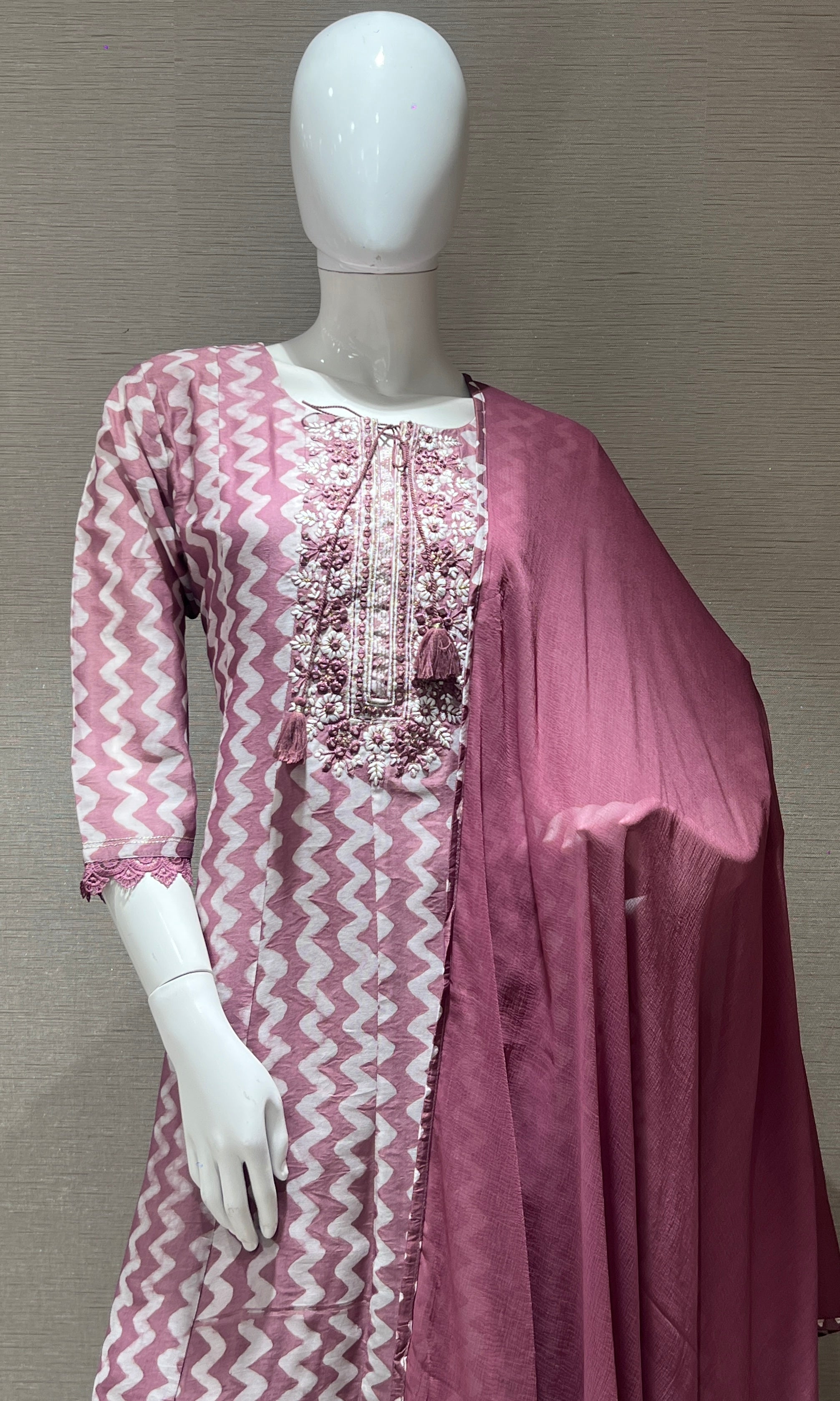 Elegant Pink and White Chevron Printed Anarkali with Embellished Neckline
