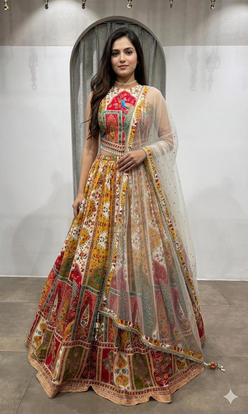 Multicolor Printed embroidered lehenga
