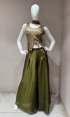 Olive Green Georgette Palazzo Set with Metallic Gold Halter Top