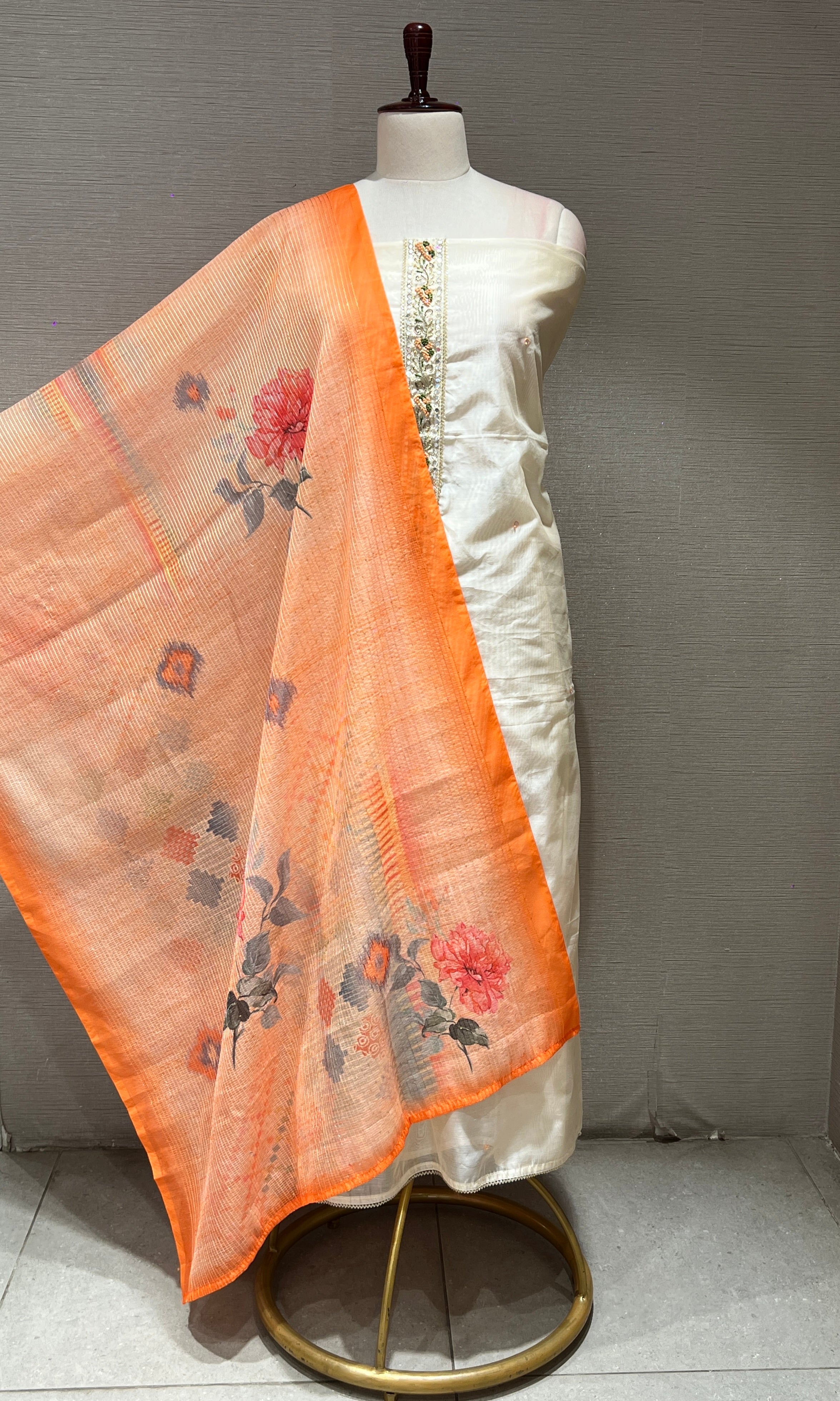 OFF WHITE dress material WITH FLORAL DUPATTA