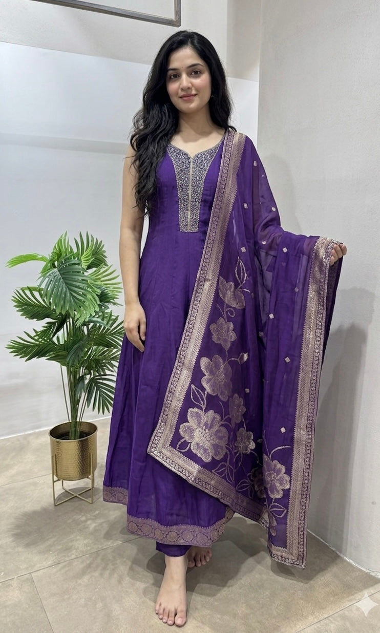 Purple GOLD EMBROIDERY ANARKALI
