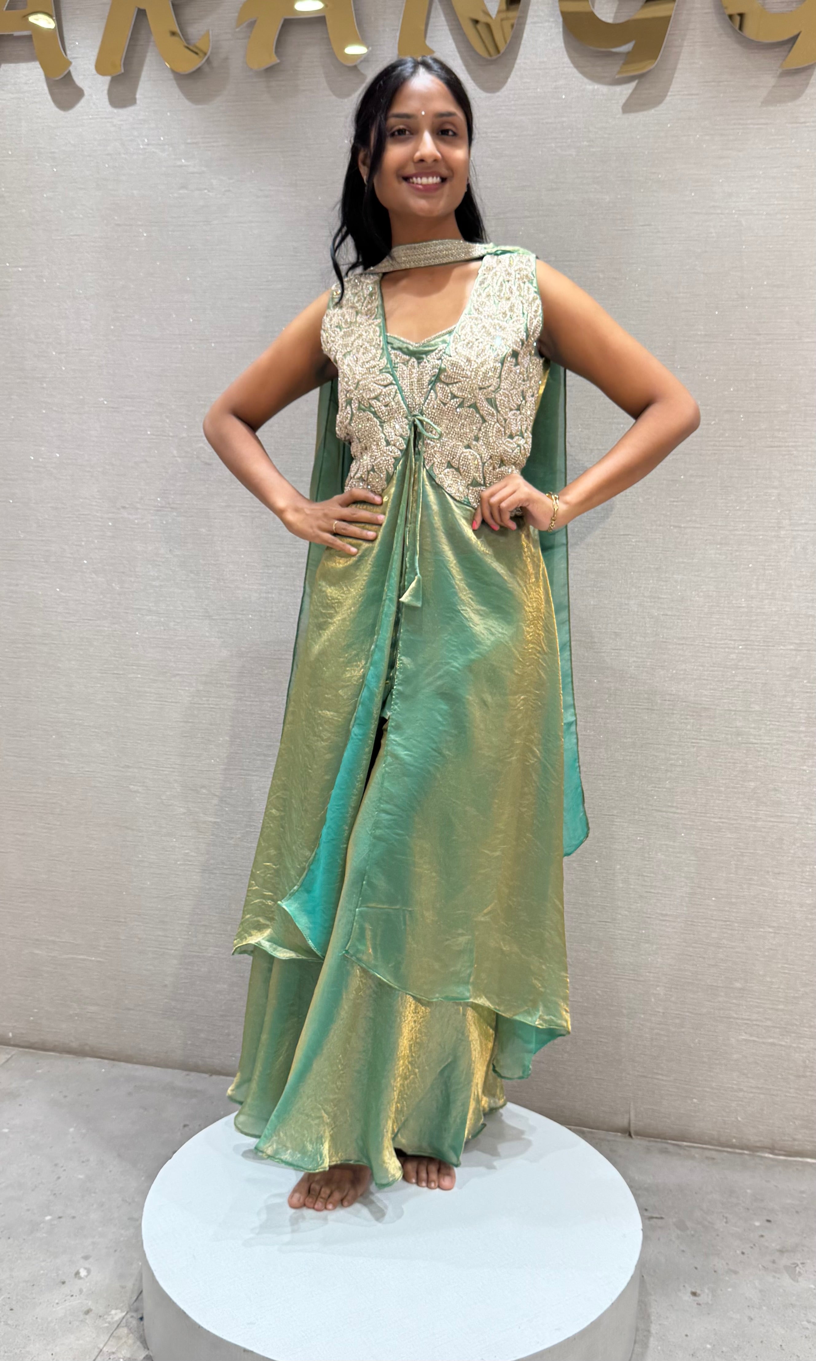 Rama Green Shimmer Tissue Palazzo Set