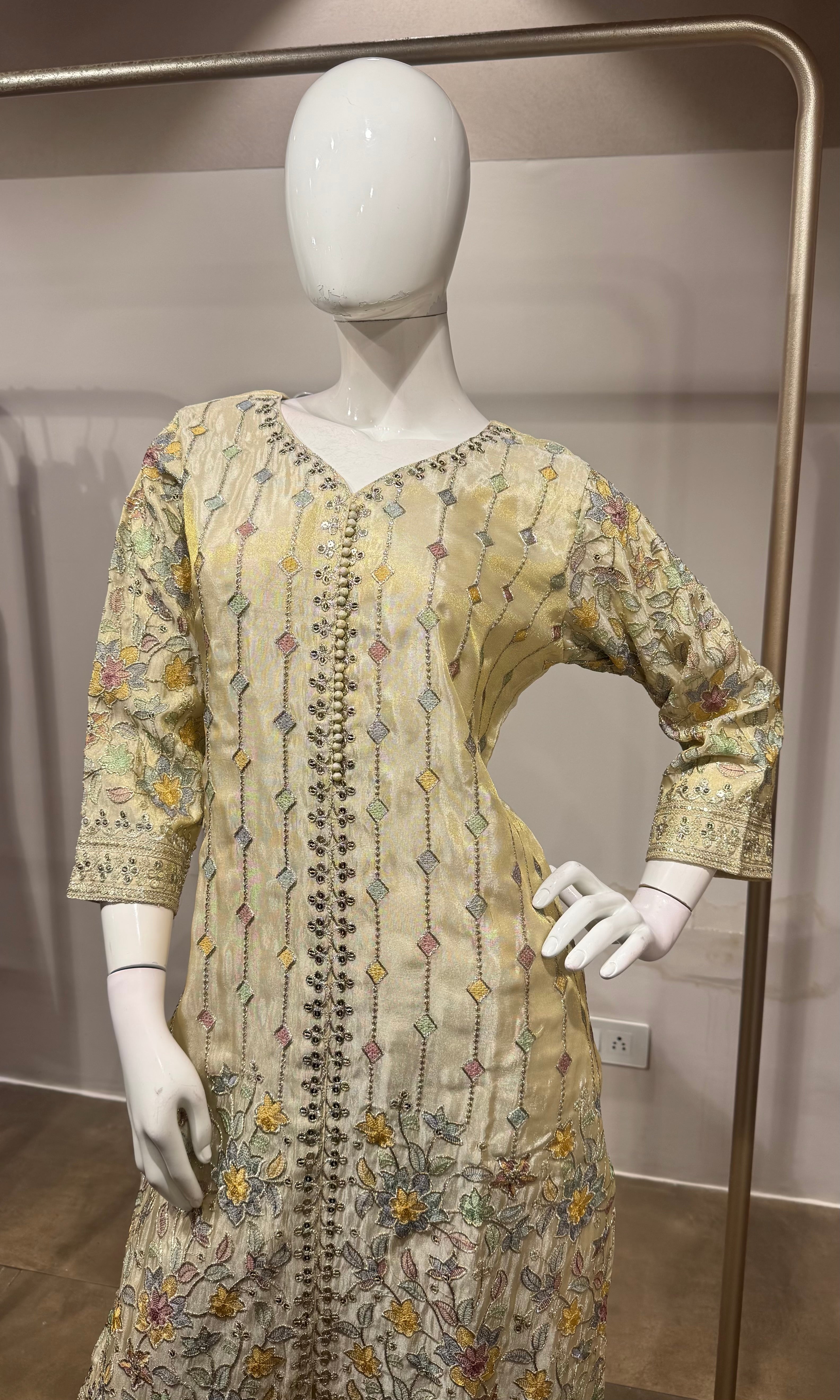 Cream Floral Embroidered Straight Kurta SET