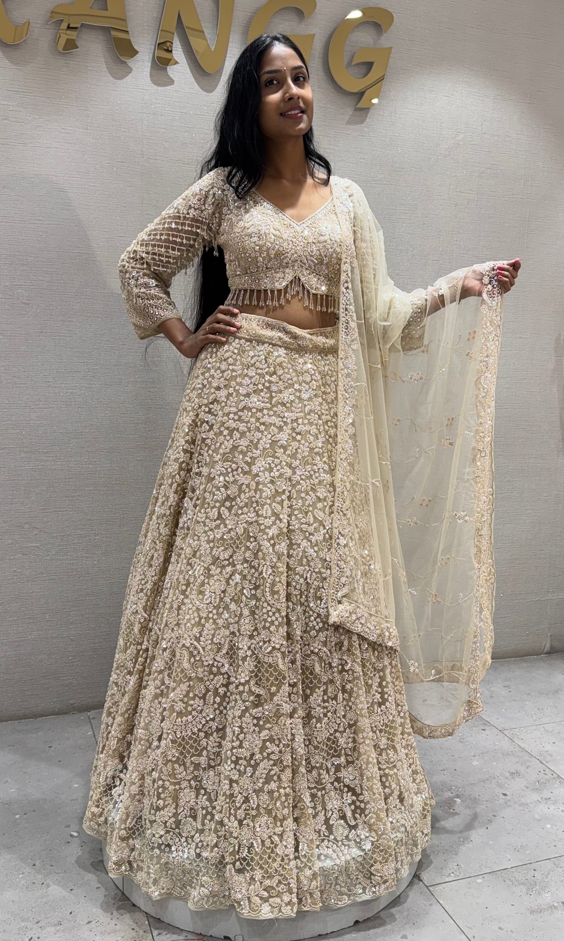 Ivory Net Sequin Embroidered Lehenga Set