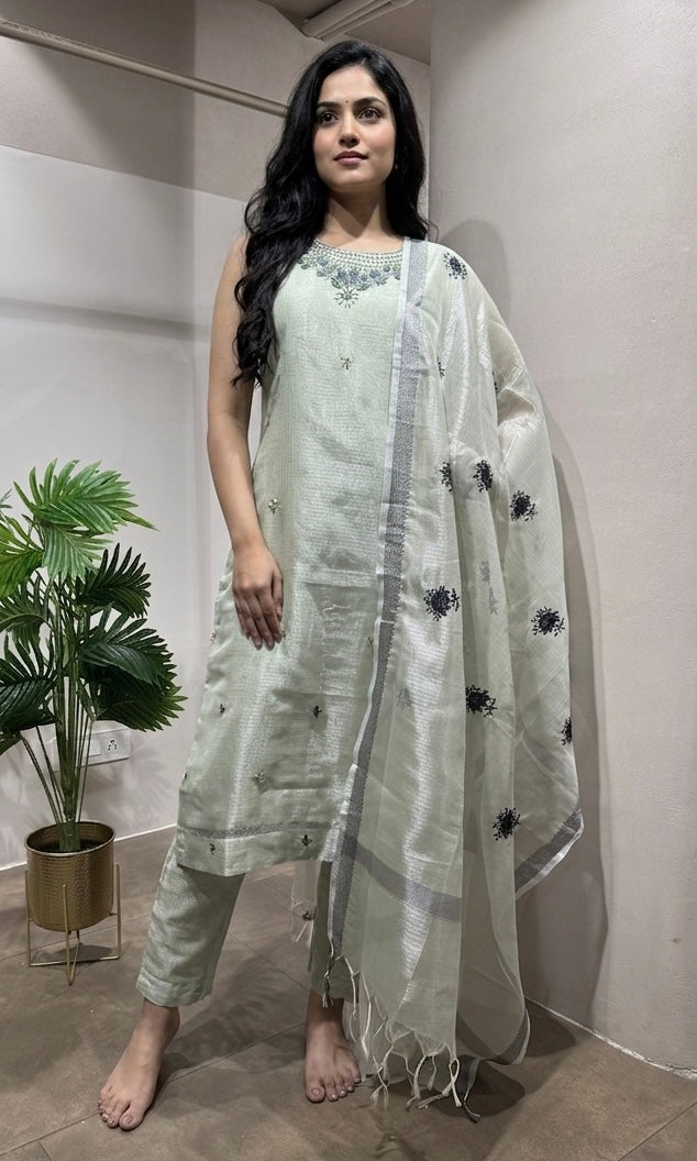 Pista green Pastel Tissue Silk kurta set