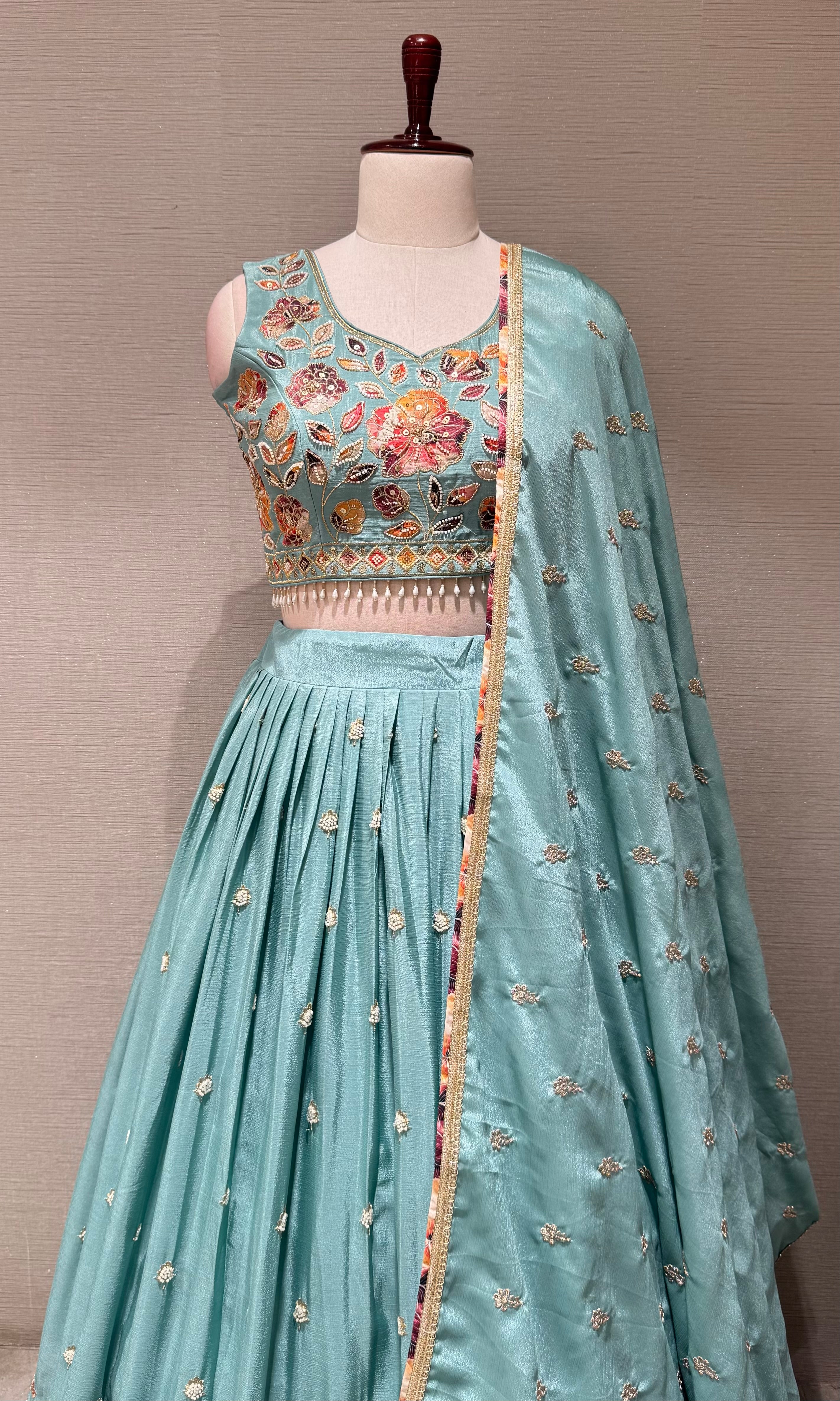 Sea blue Tissue silk Multi Floral Crop Top Lehenga set