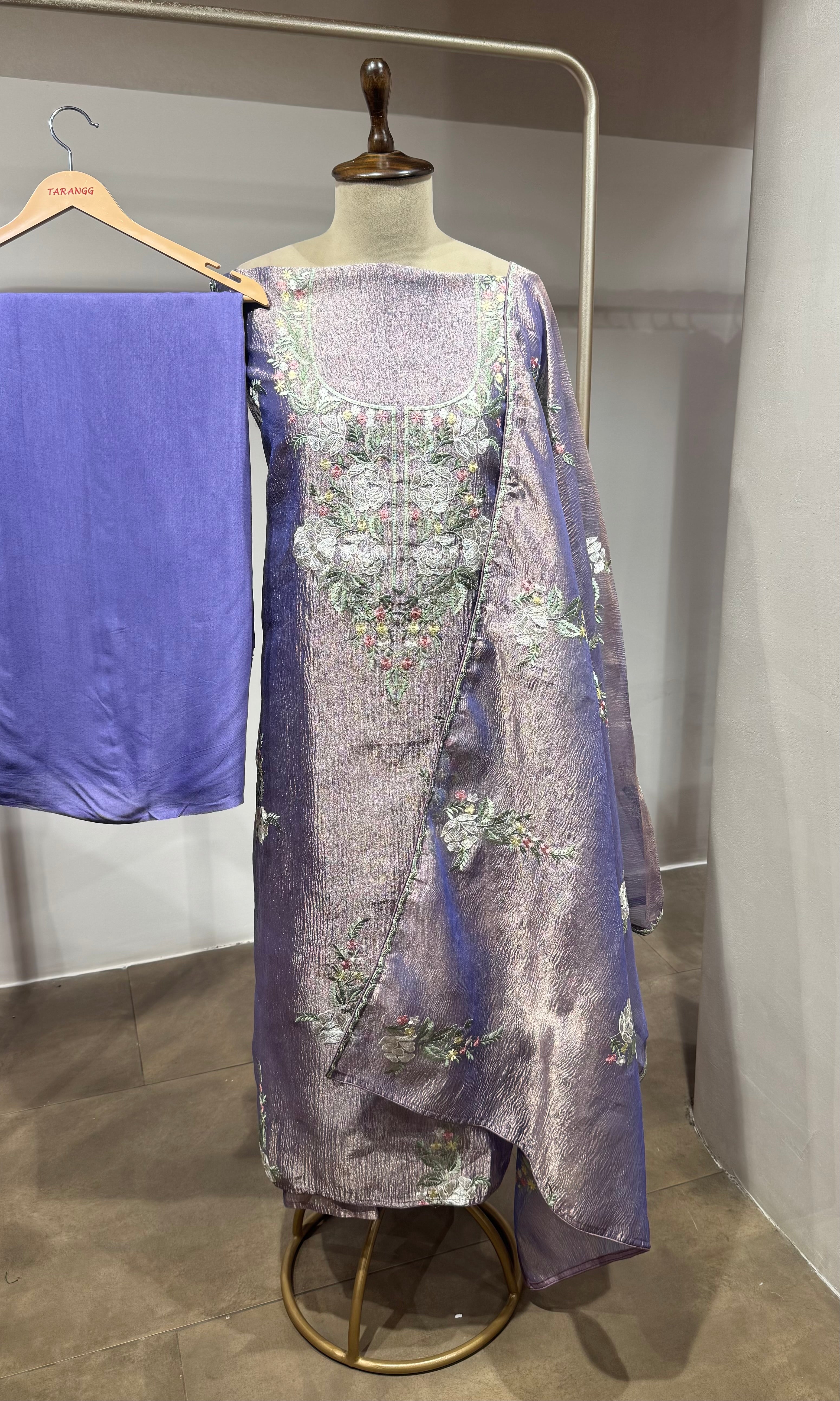 Purple floral tissue dress material