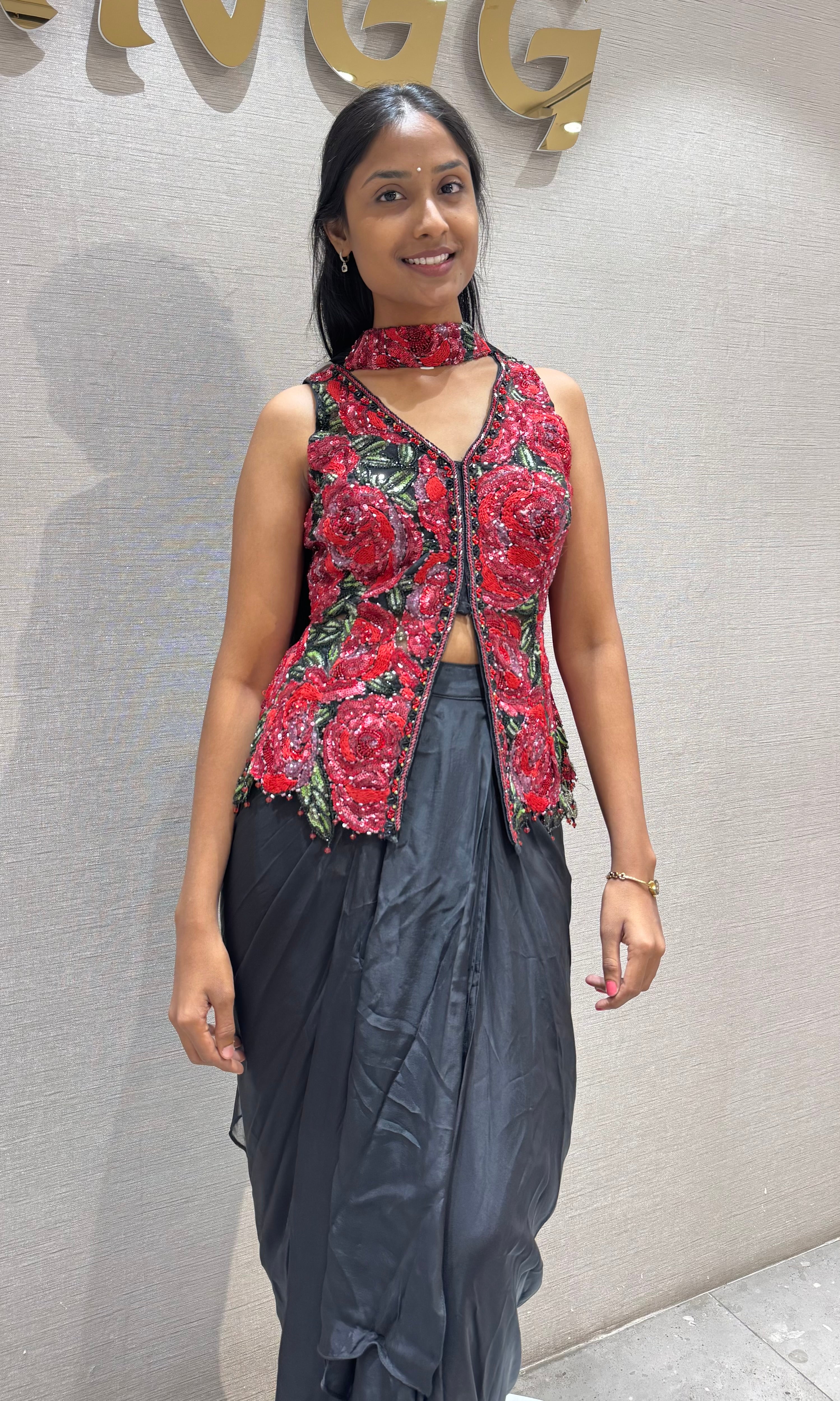 Black & Red Crimson Floral with Dhoti Pants