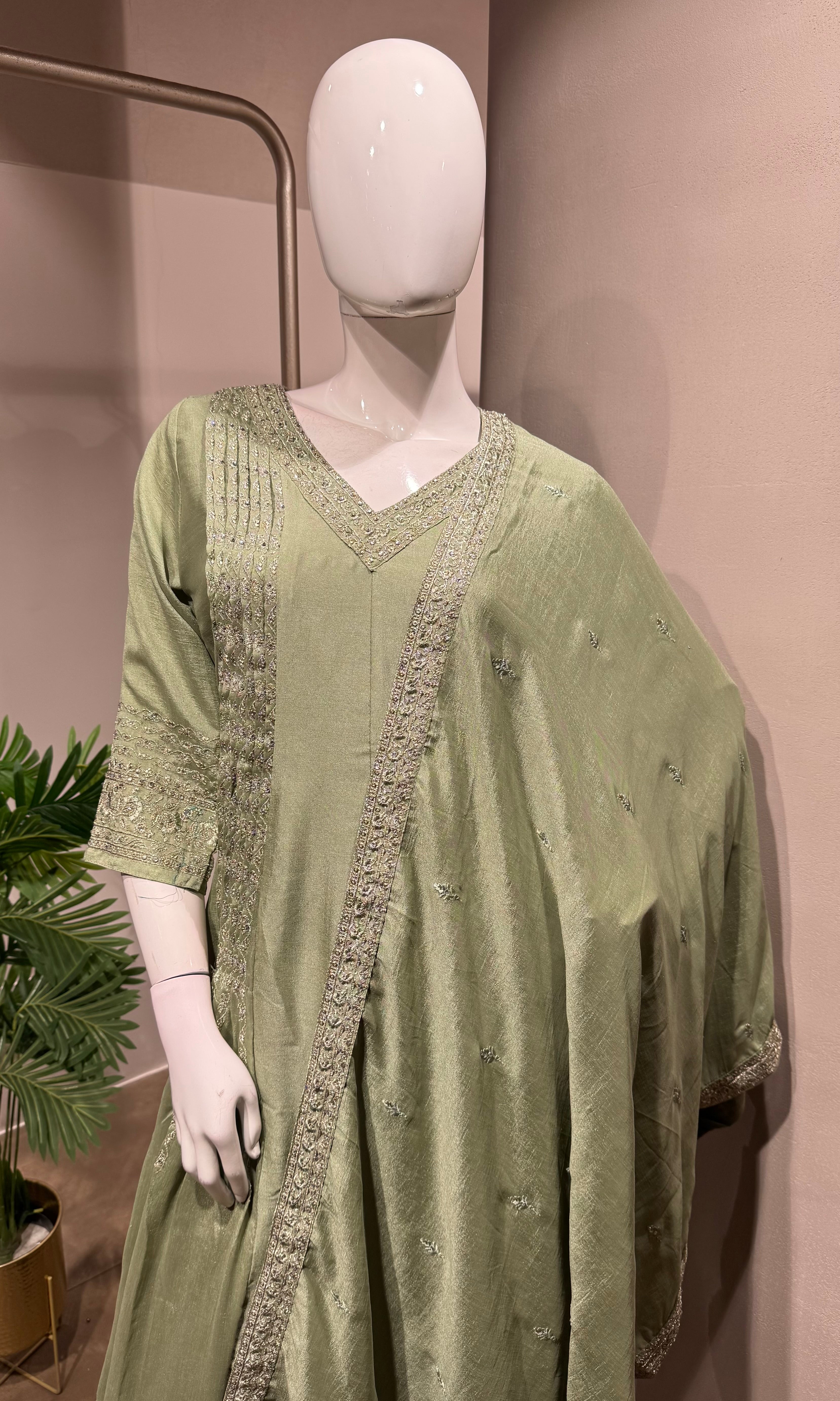 Pista Green Silk Blend Anarkali Ensemble