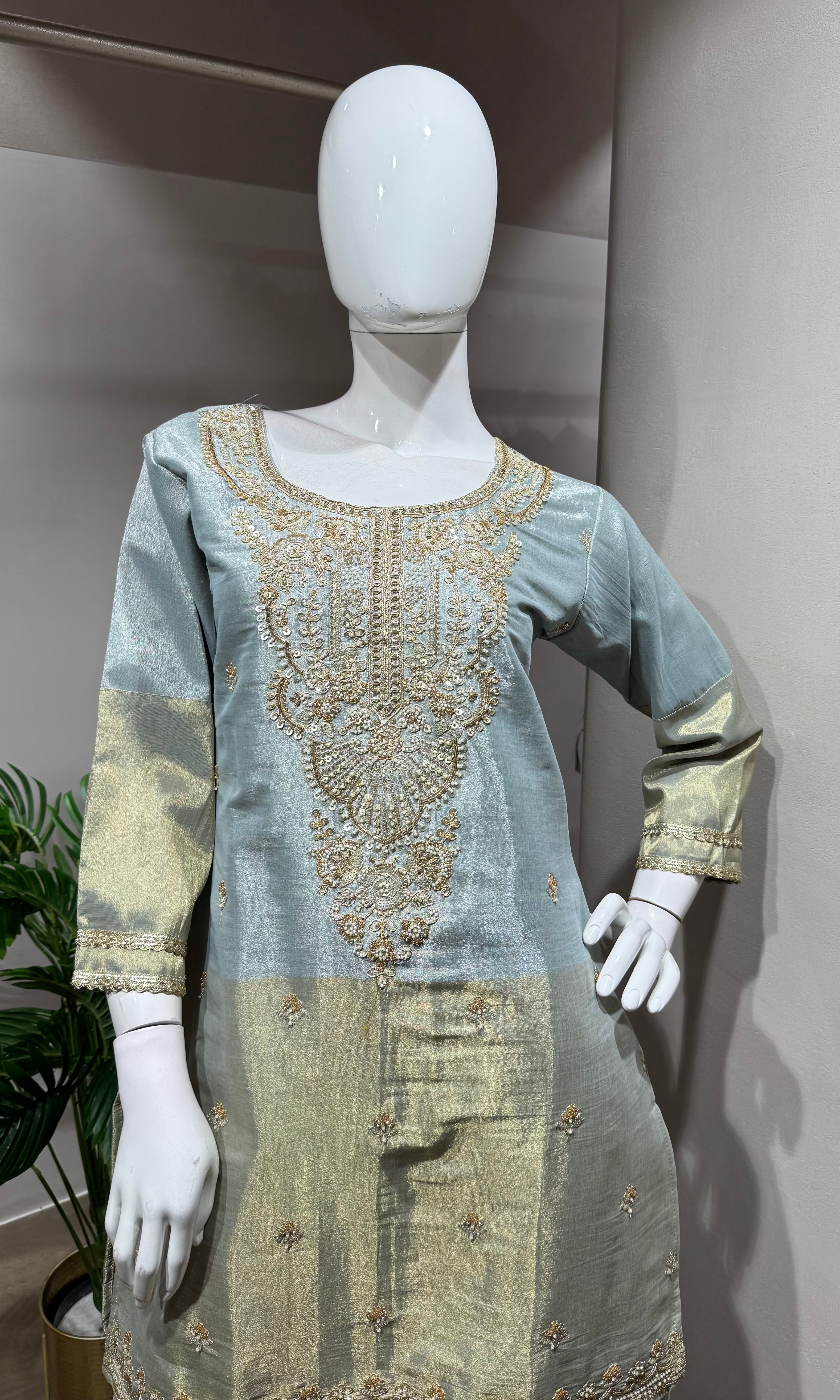 Grey & Gold Embroidered Festive Sharara Set
