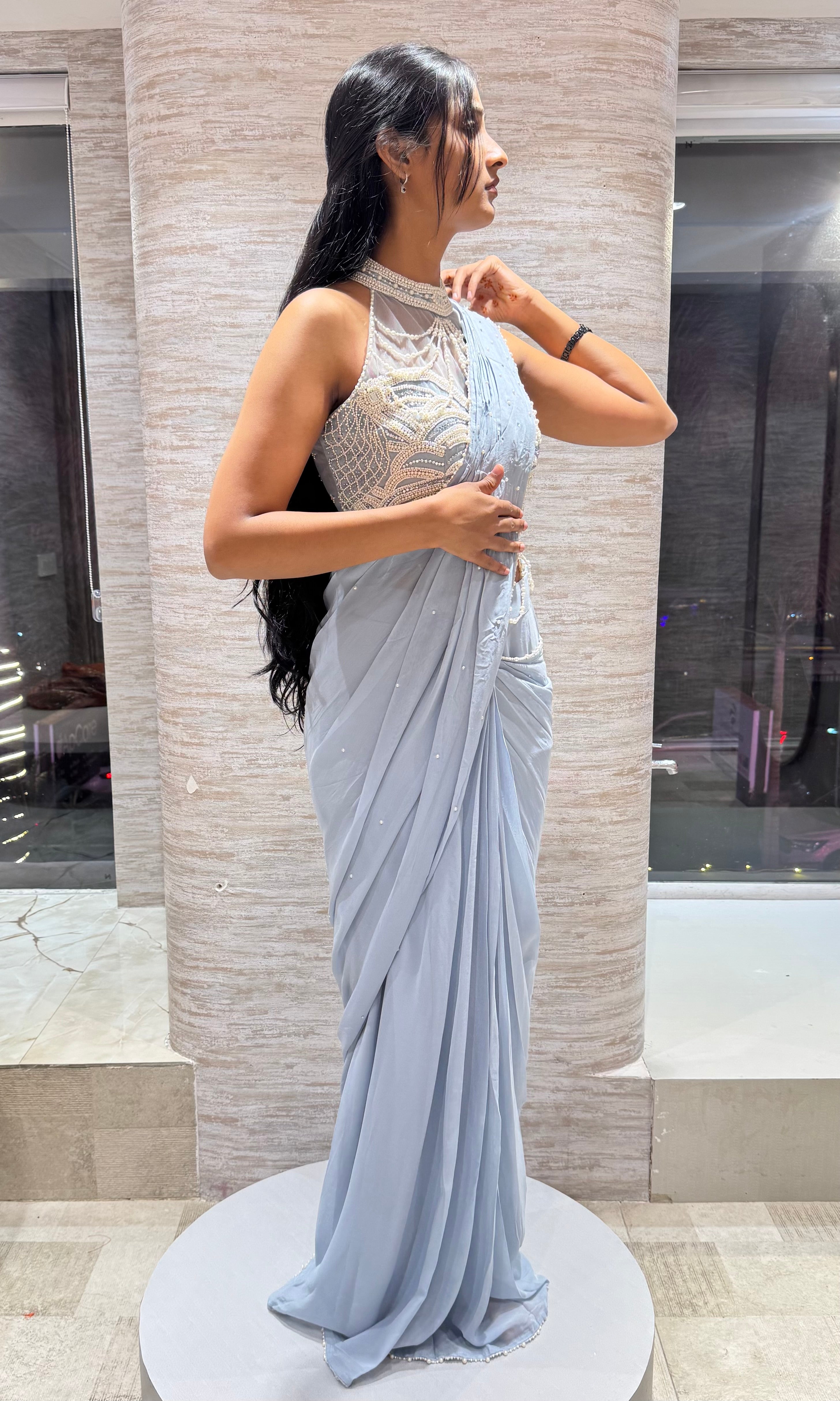 Blue Drape Saree with embellished haler neck