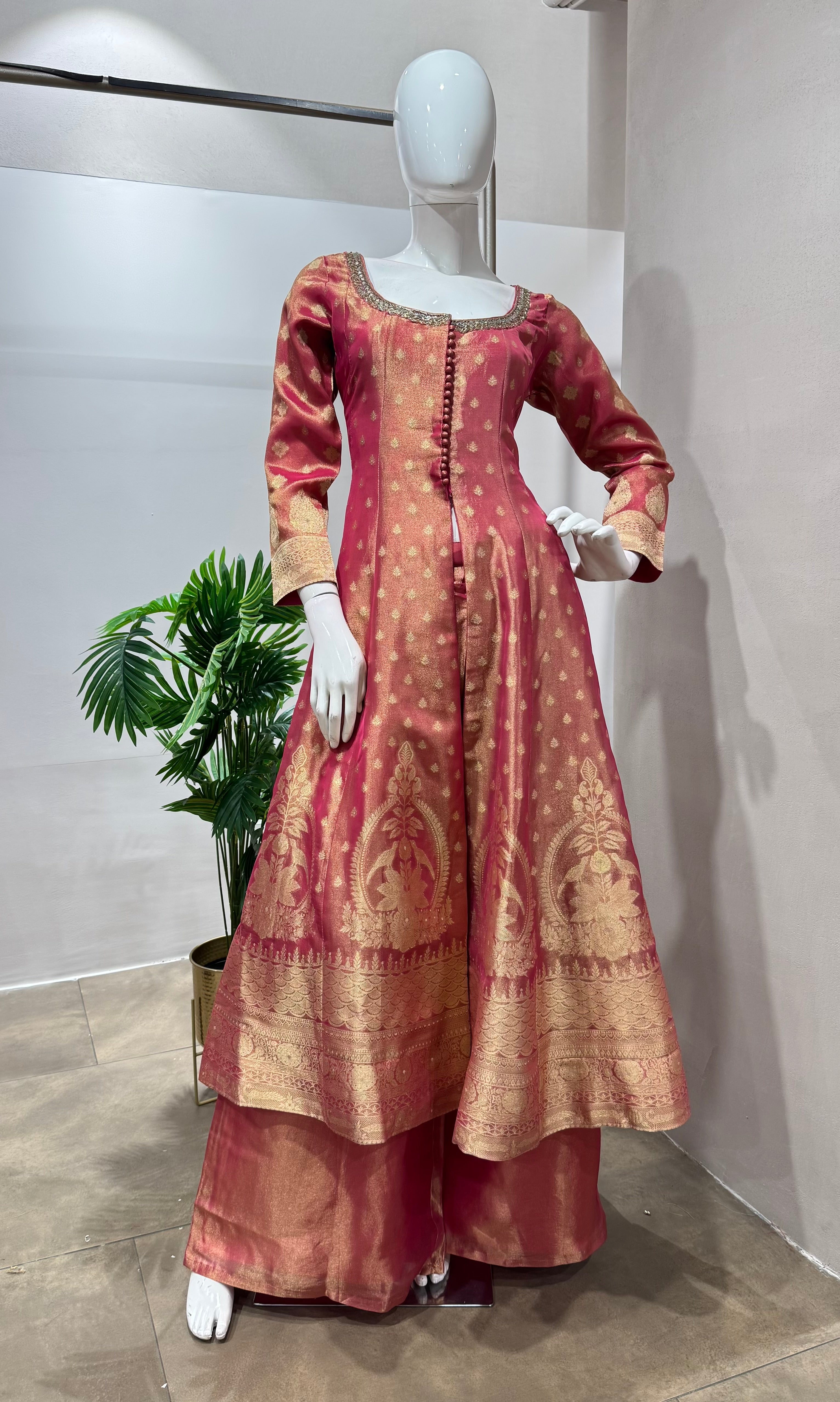 PINK BANARASI ANARKALI WITH PALAZZO PANTS