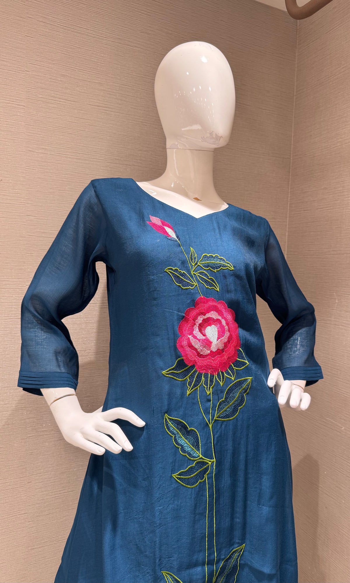 Navy blue cotton rose floral embroidery kurta set with dupatta