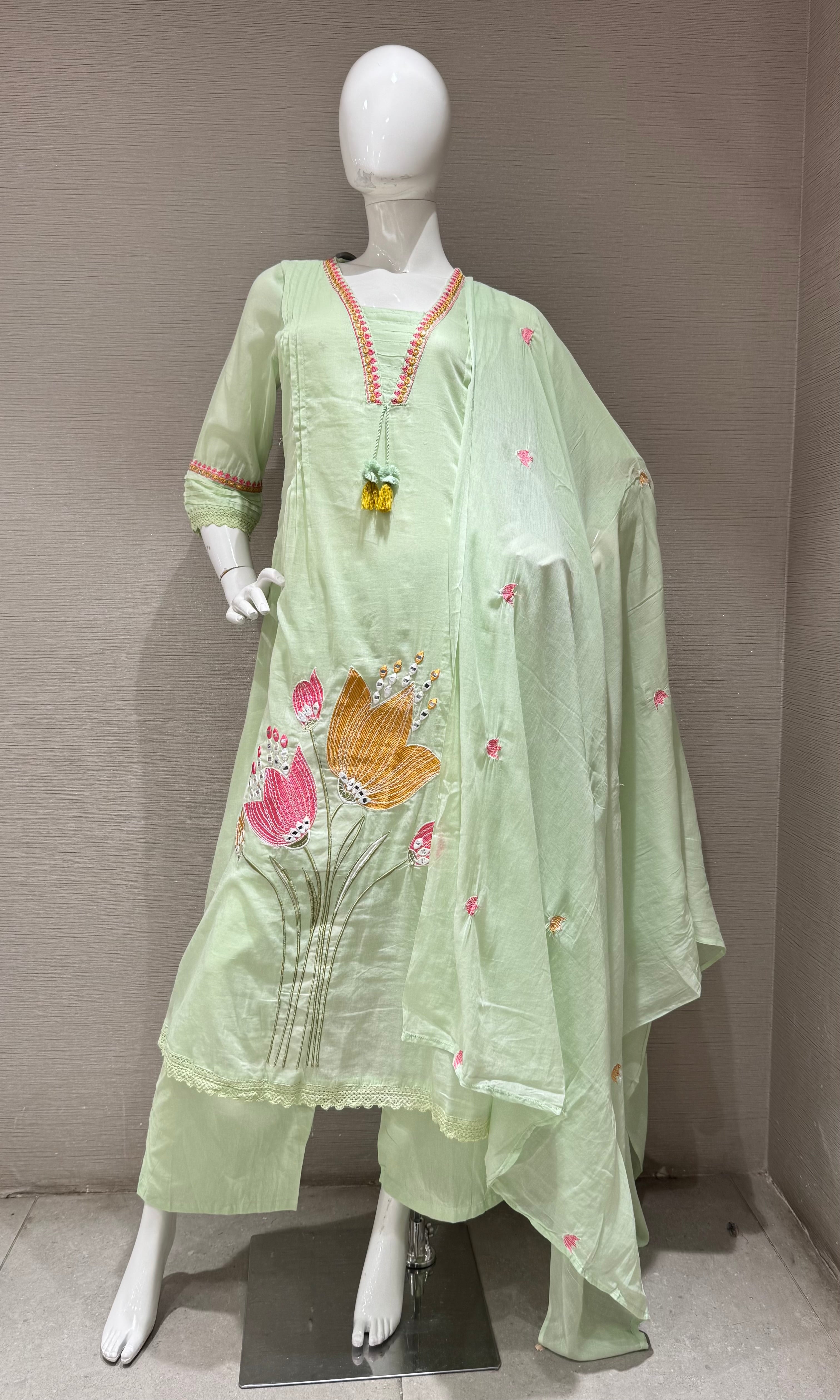 Pista Green Floral embroidered kurta set