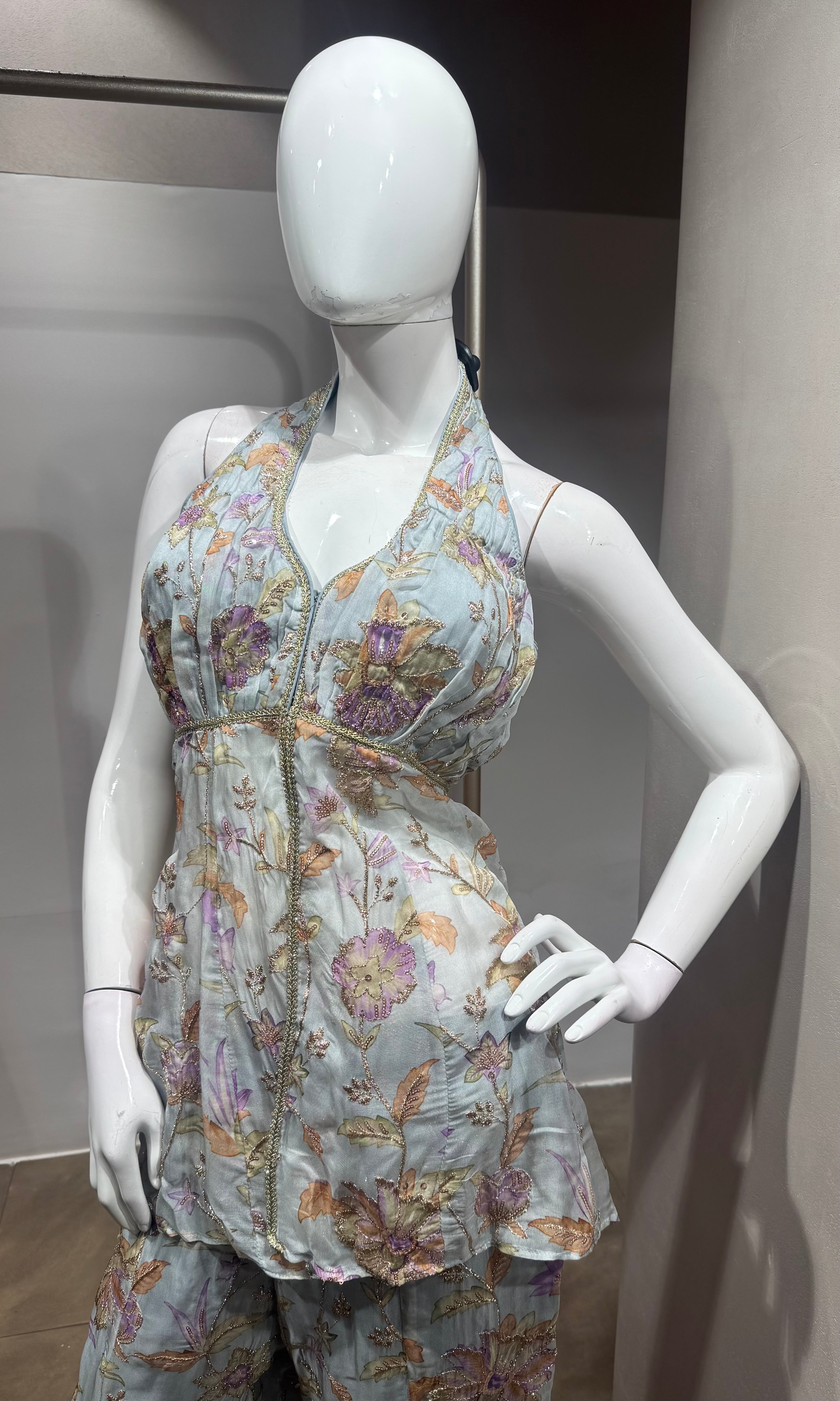 Grey Floral Halter Peplum palazzo Set