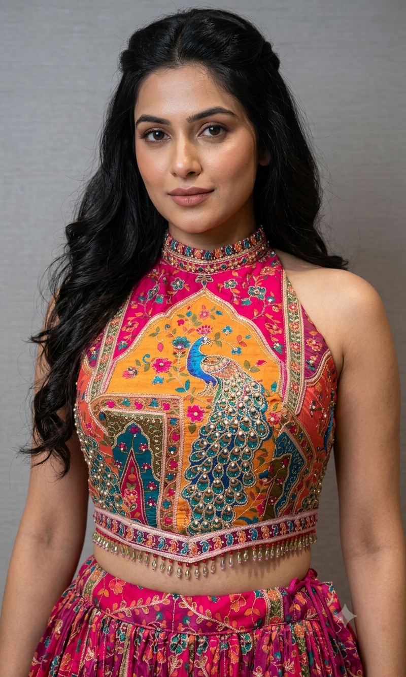 pink Mayur Pichwai halter neck Lehenga set