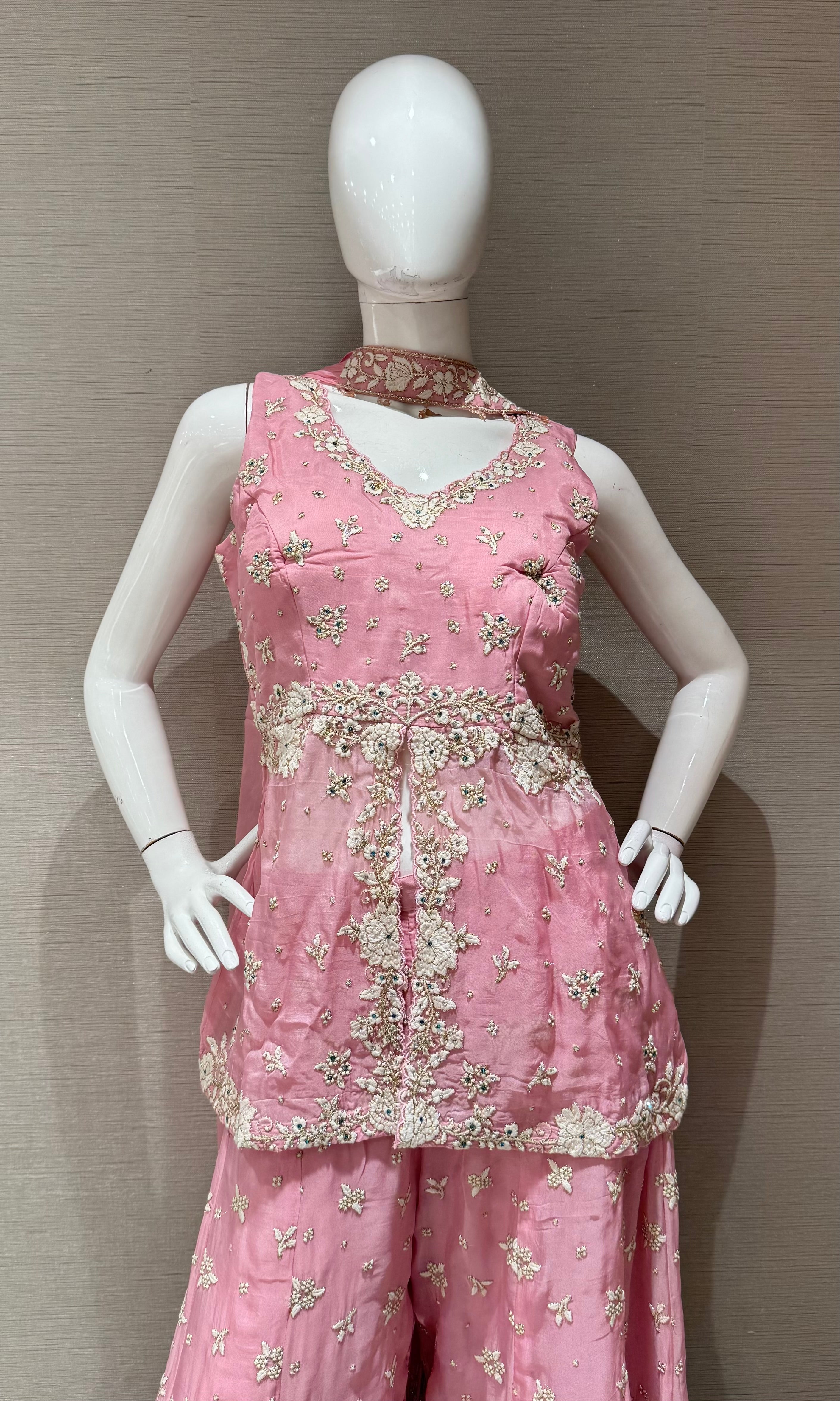 Pink Embellished Palazzo Set with Draped Dupatta