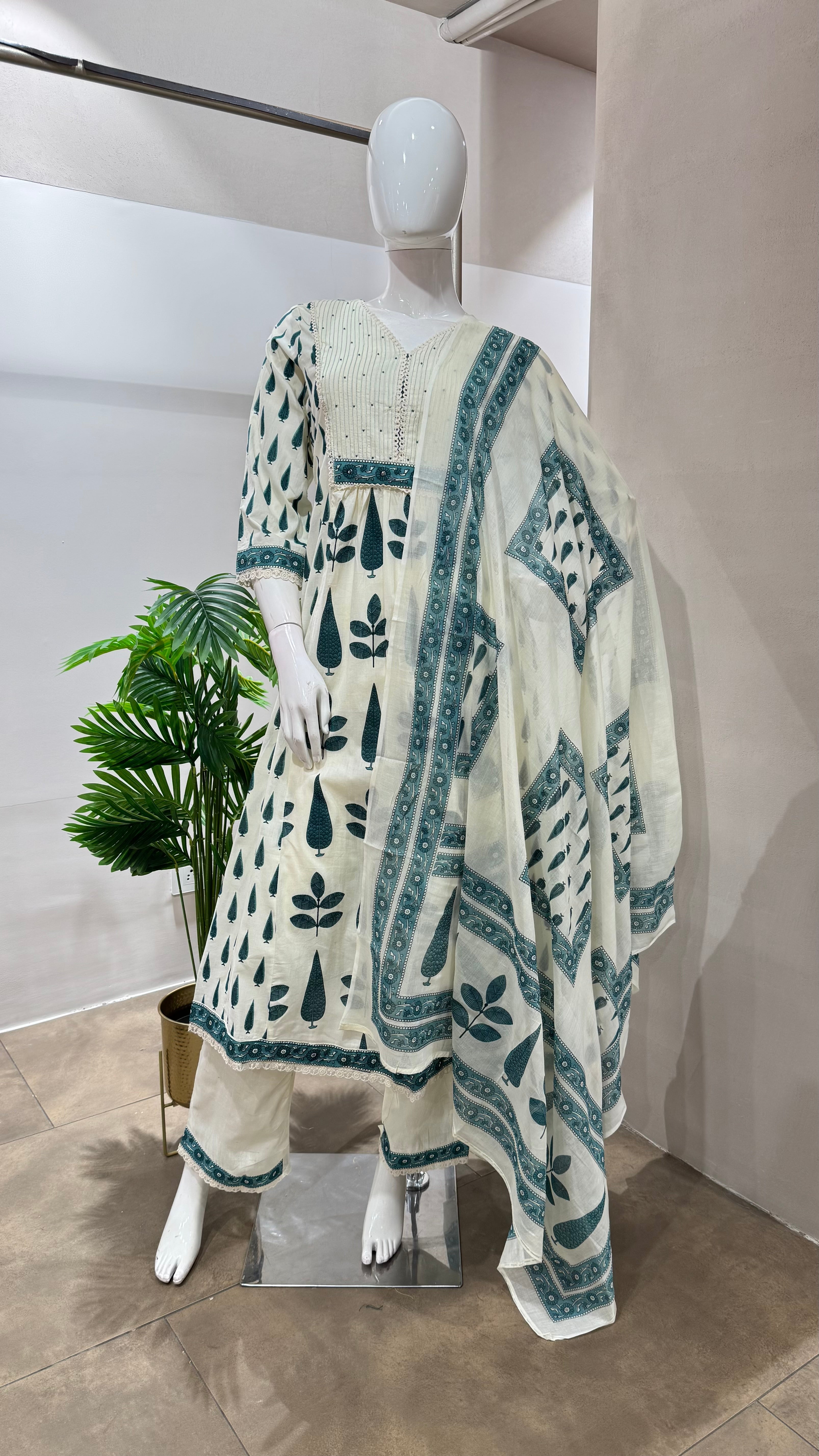 GREEN and white ethnic printed anarkali kurta set