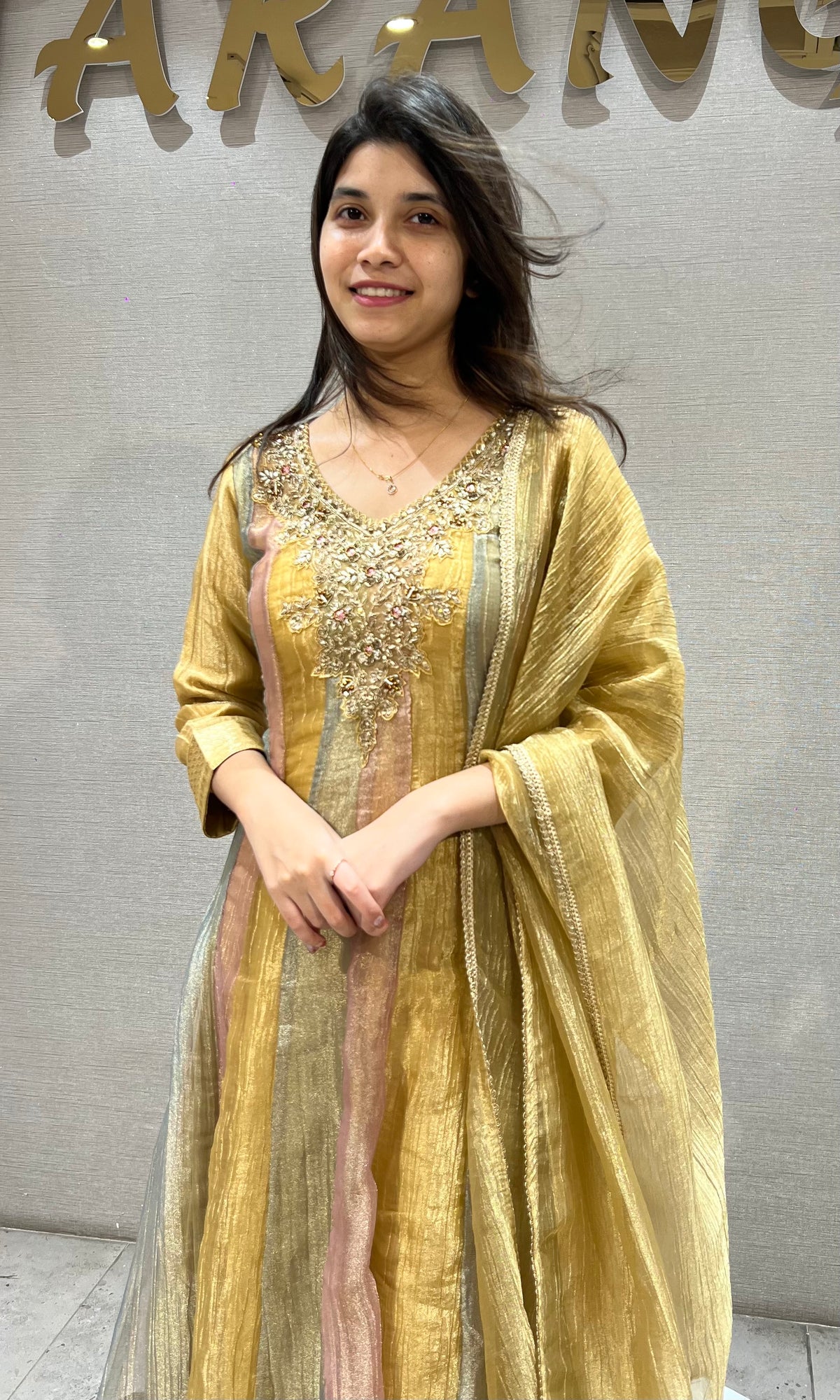 Gold Tissue silk anarkali set with dupatta