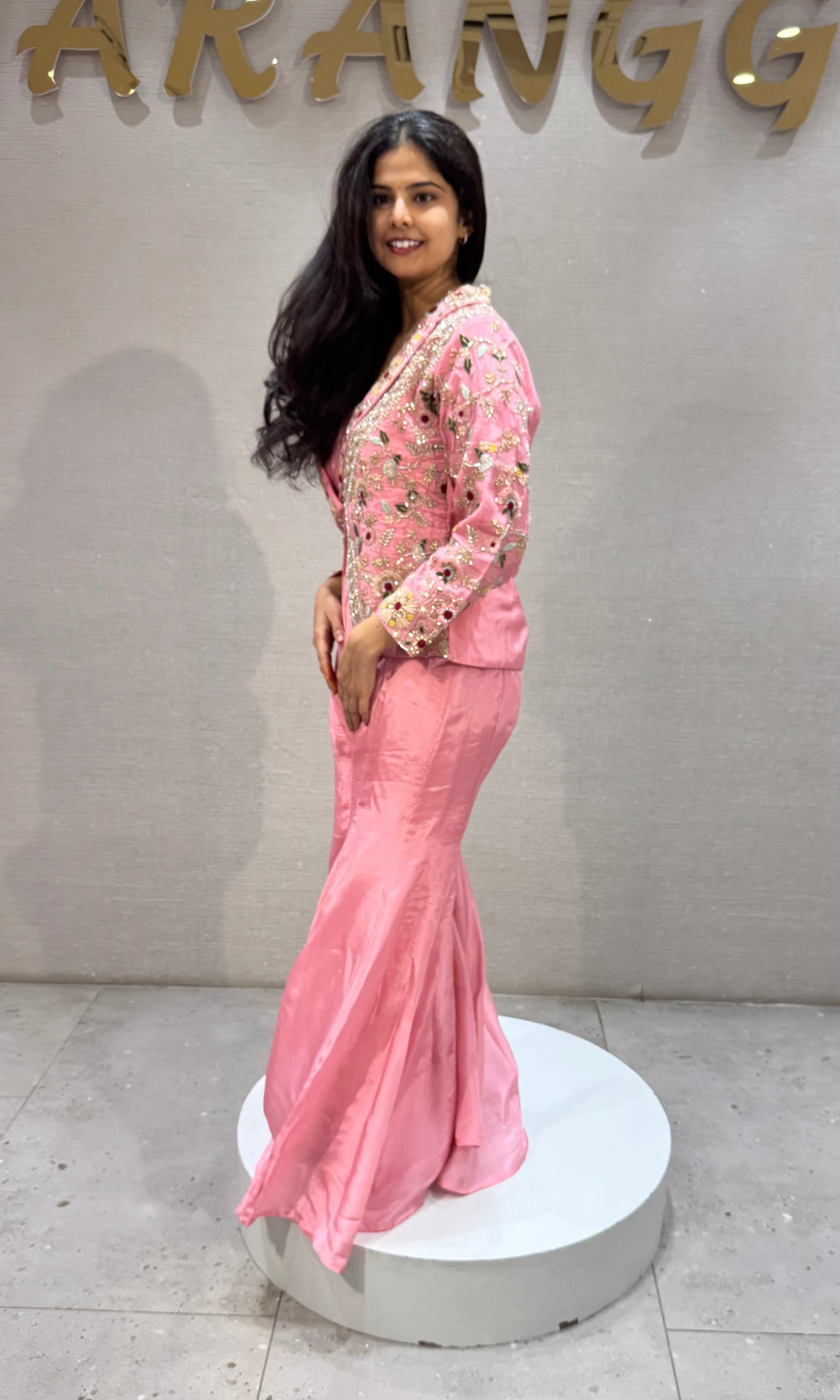 Baby Pink Silk Floral Jacket with Palazzo pants