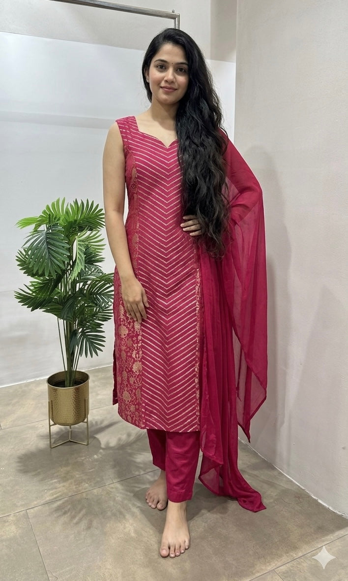 Pink STRIPED EMBROIDERED KURTA SET