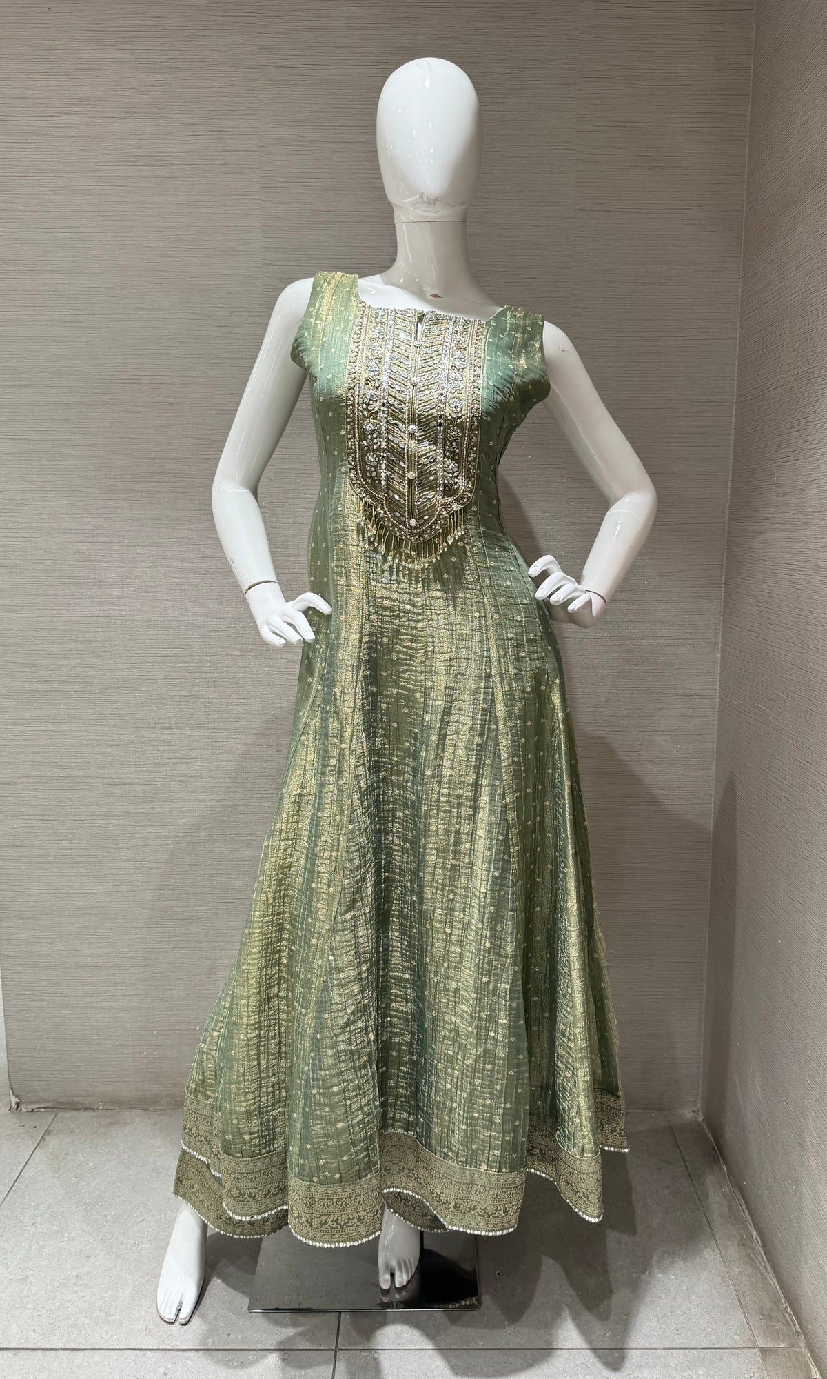 Sage Green Embroidered Tissue Silk Anarkali Set