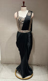 black drape saree with corset blouse and belt