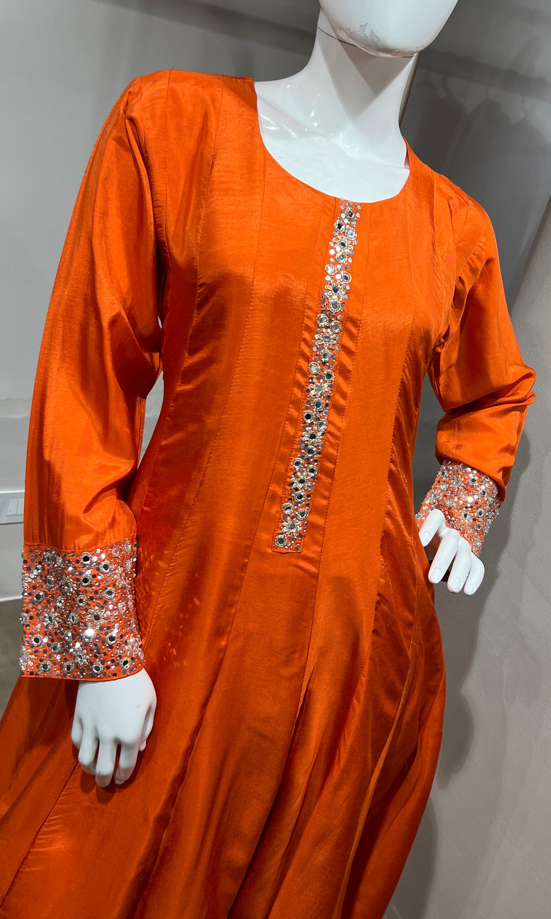 Orange Straight Kurta Set with Mirror Embroidery