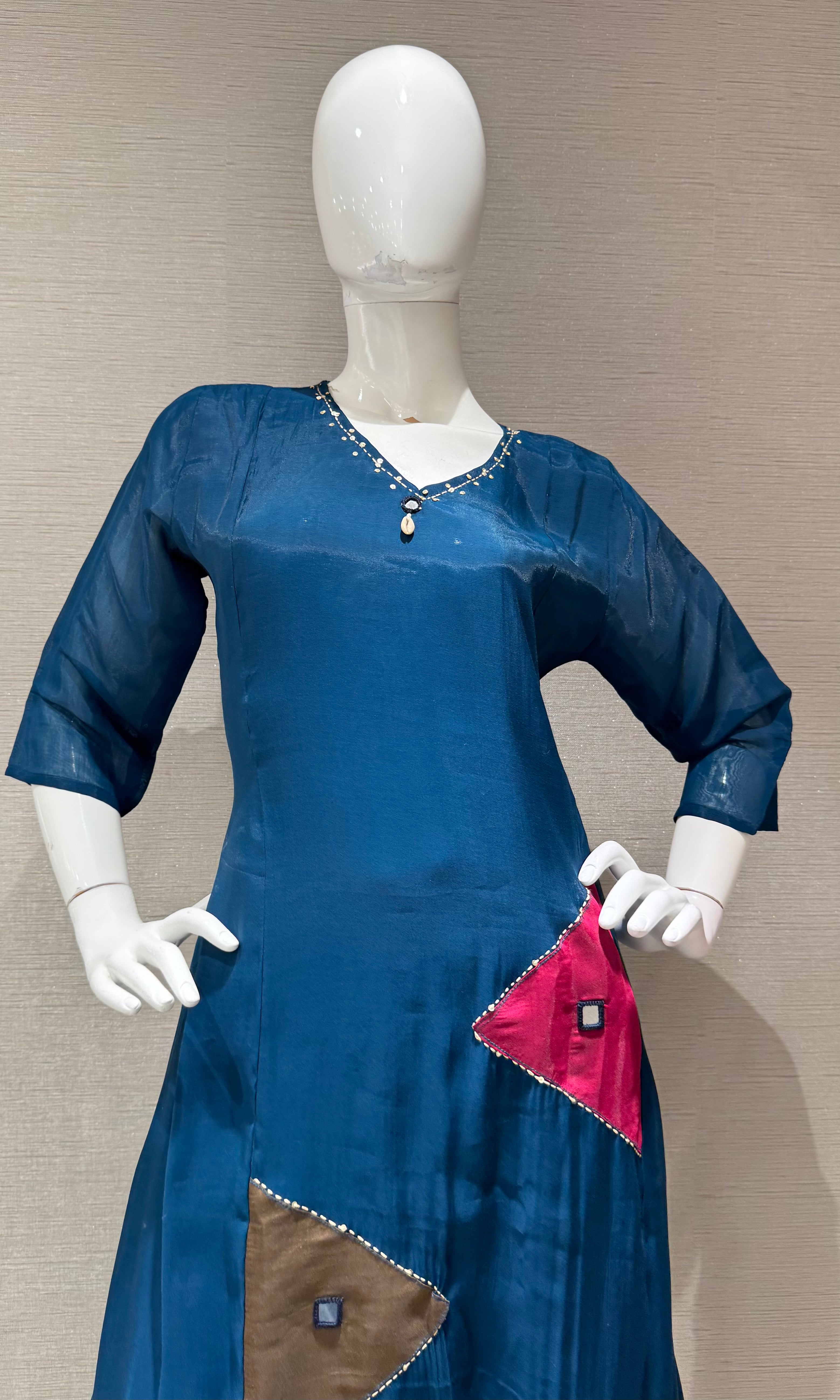 Navy Blue Chanderi Kurta Set with Draped Dupatta
