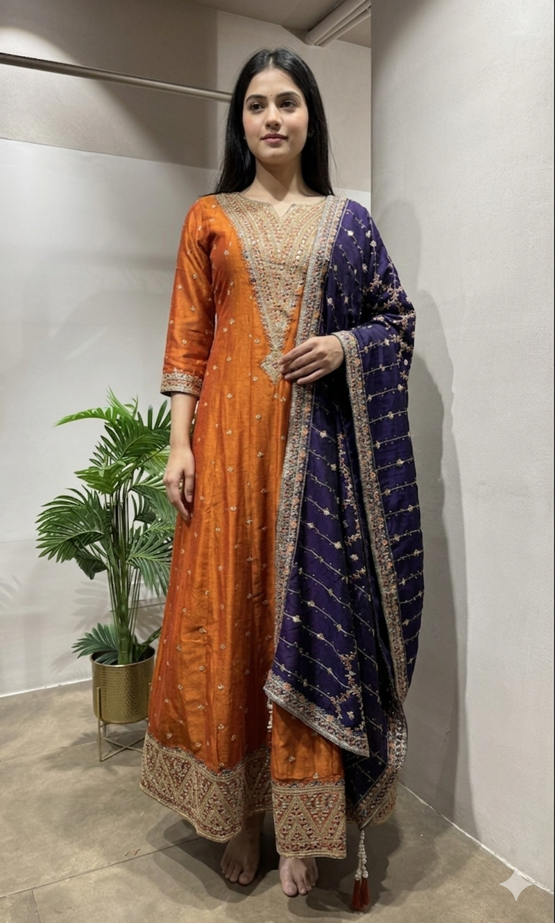 RUST Embroidered Silk Anarkali SET