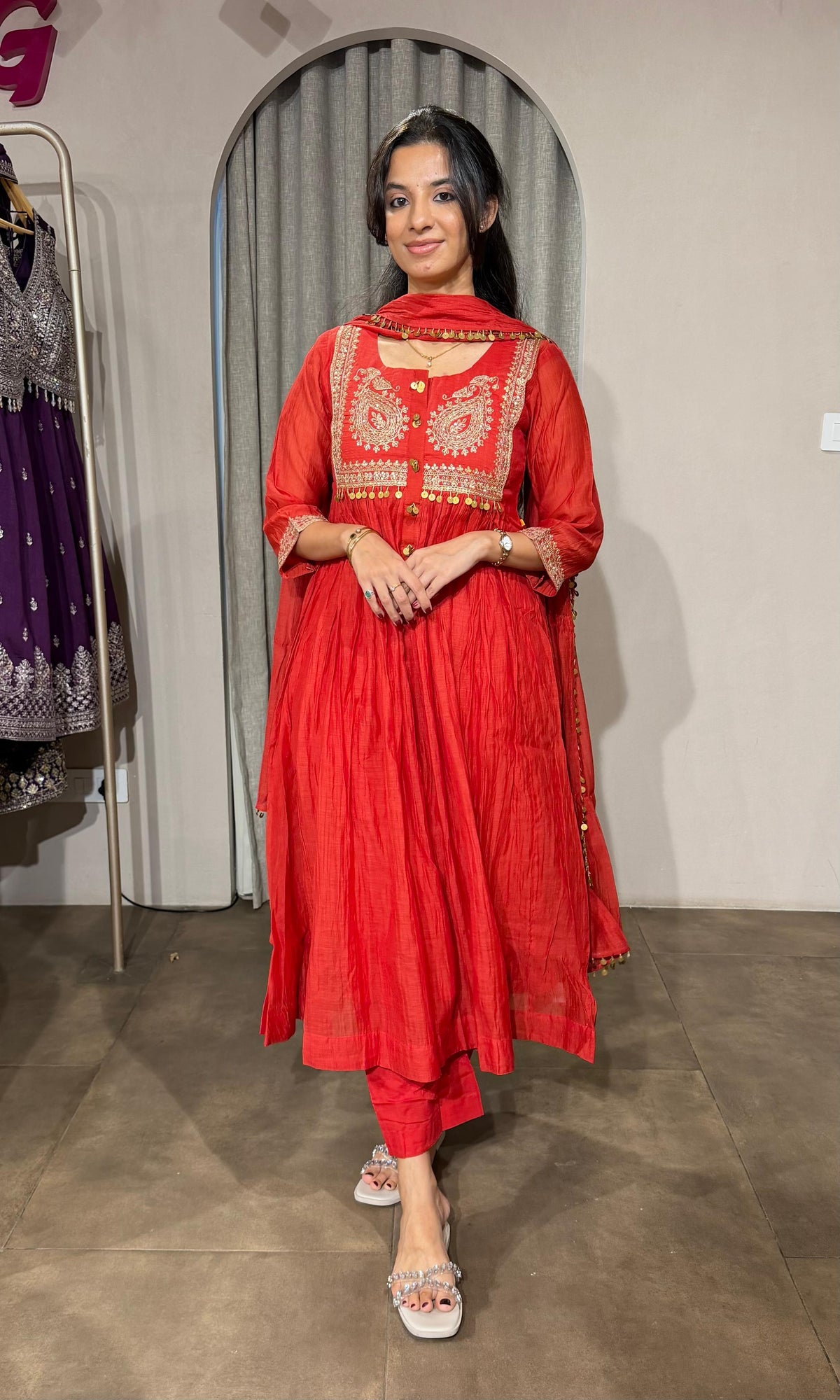 RUST MUL CHANDERI KURTA SET WITH DUPATTA