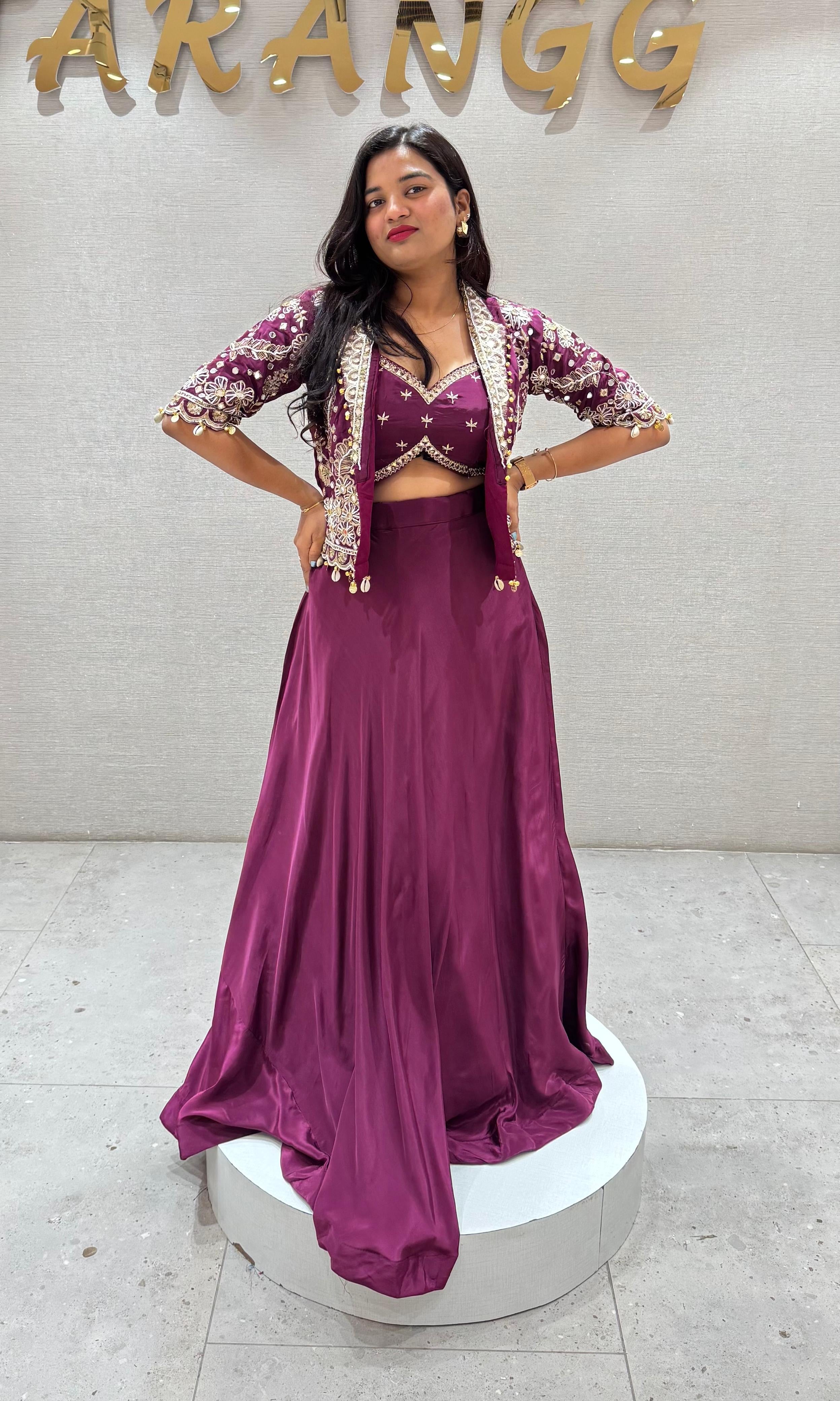 Wine Lehenga with Embellished Crop Jacket
