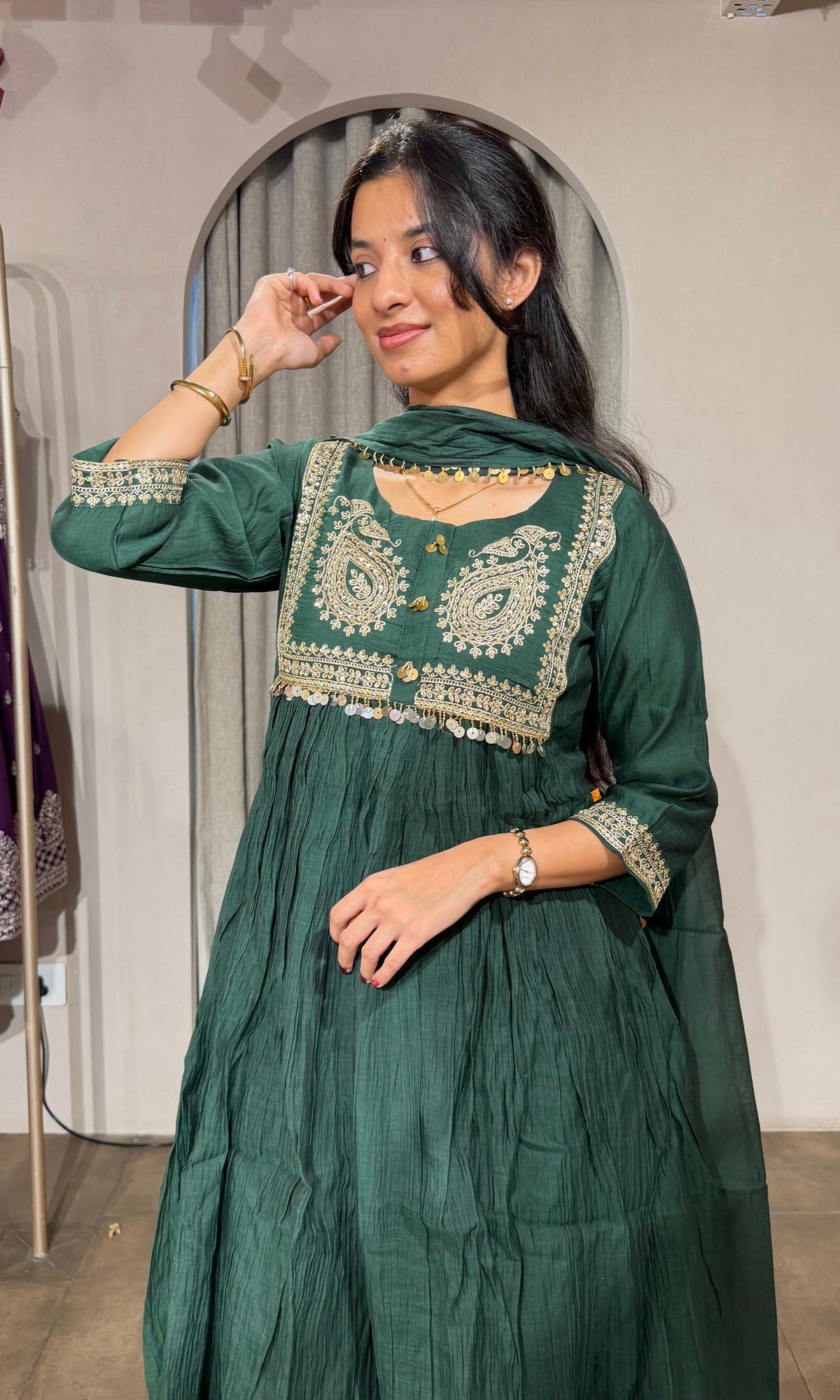 GREEN MUL CHANDERI KURTA SET WITH DUPATTA