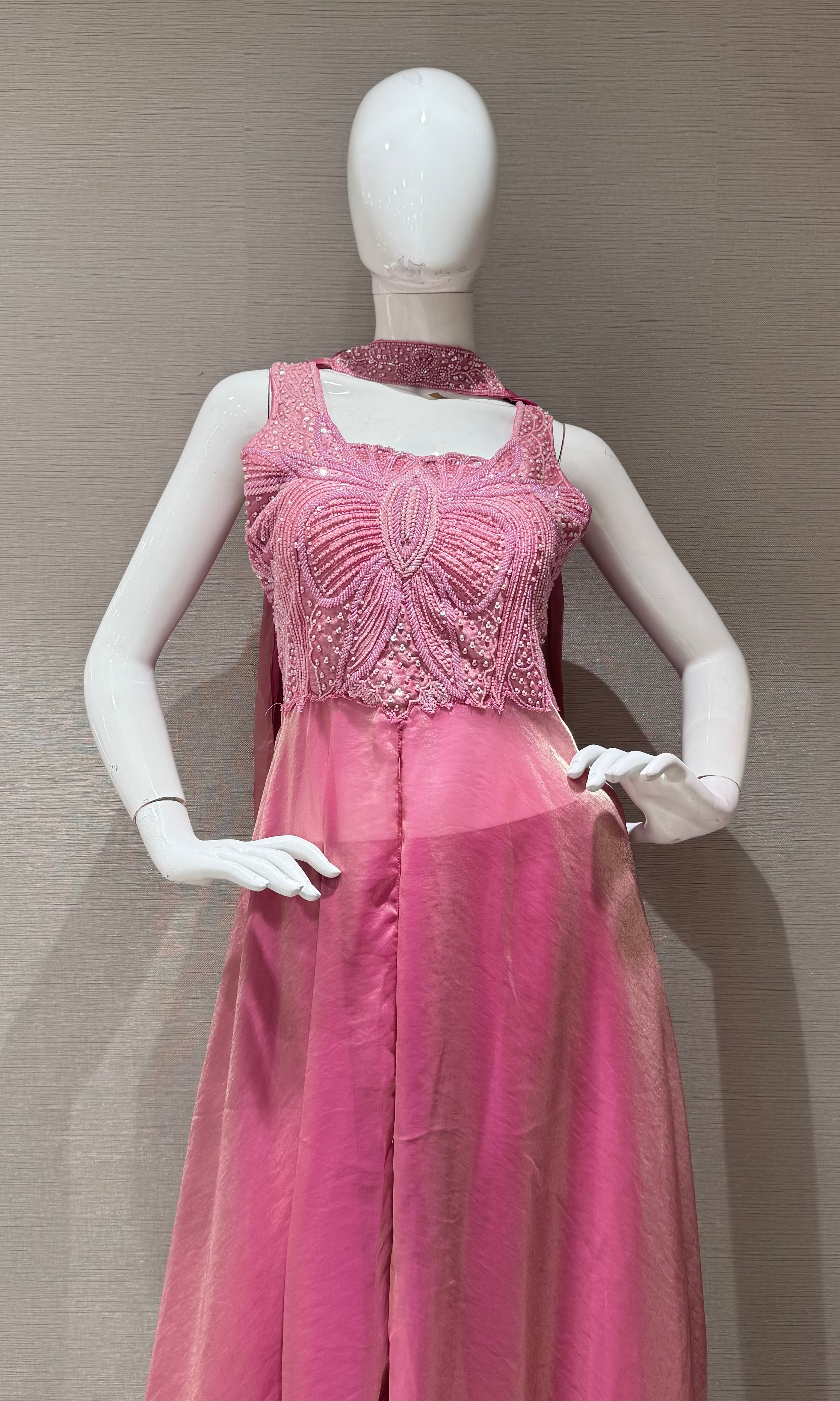 Baby pink Shimmer anarkali with palazzo pants